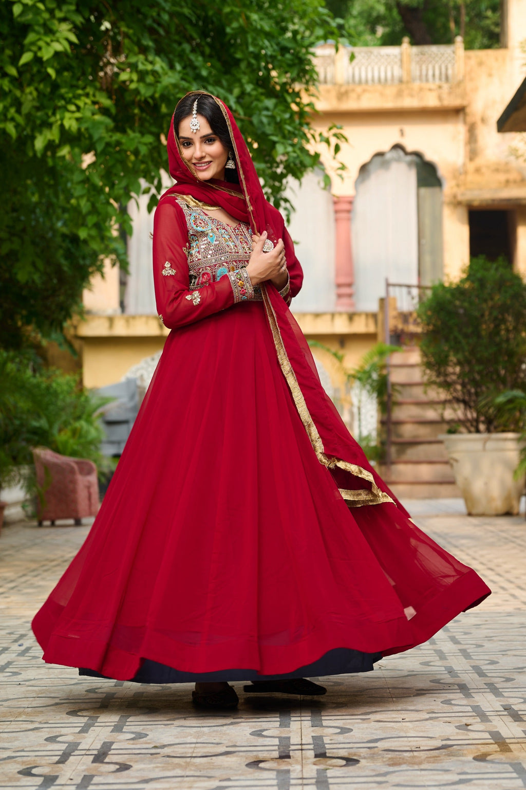 Prazu Fashion Maroon Georgette Embroidered Gown With Dupatta