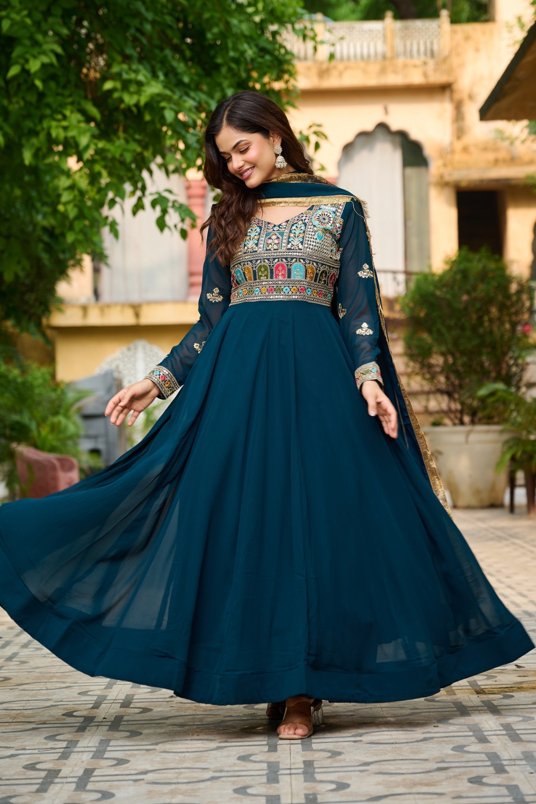 Prazu Fashion Rama Georgette Embroidered Gown With Dupatta