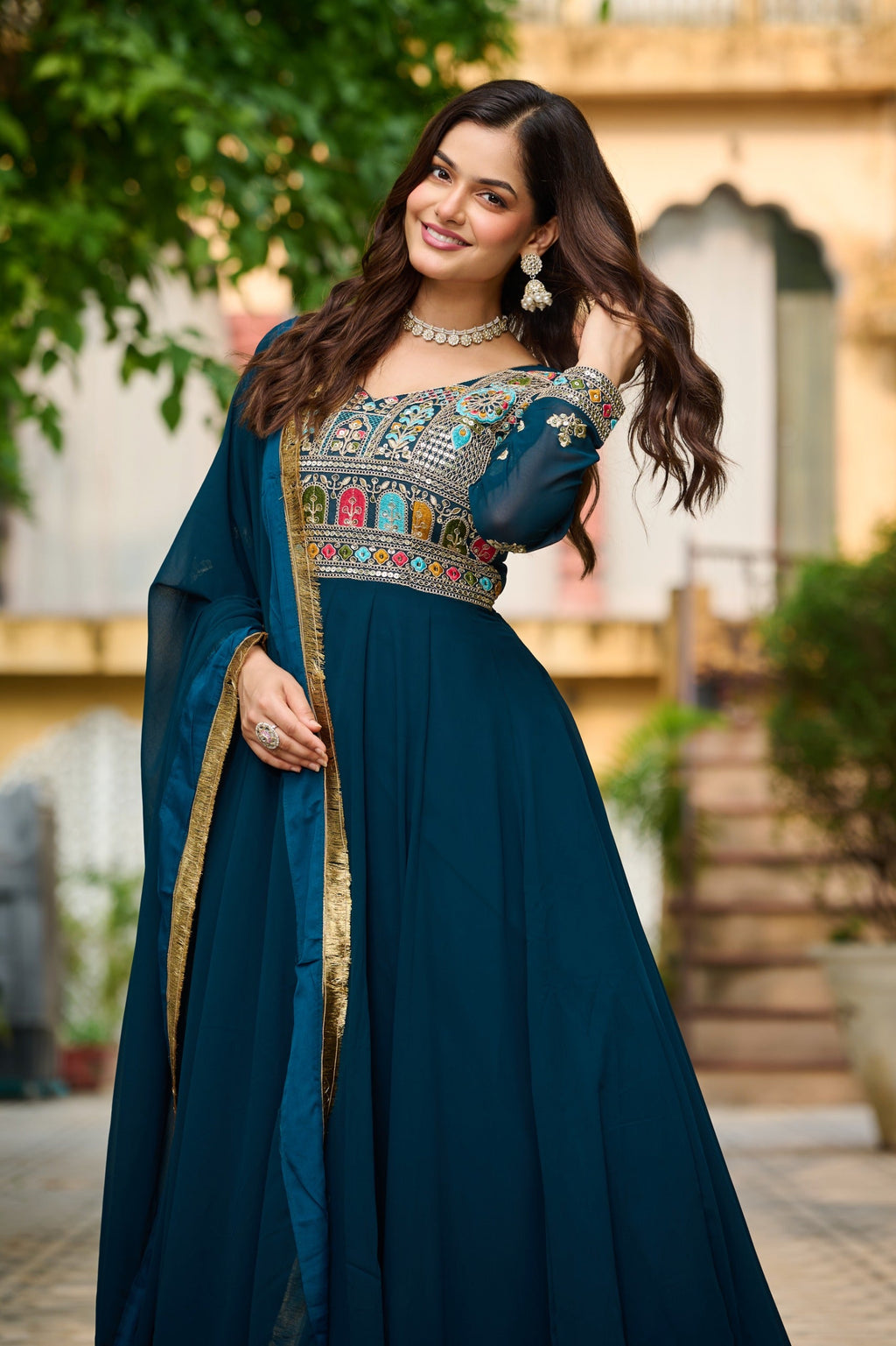 Prazu Fashion Rama Georgette Embroidered Gown With Dupatta