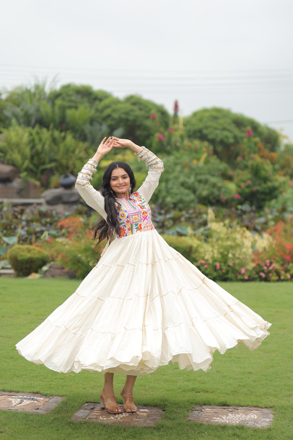 Prazu Fashion Off White Cotton Thread Embroiderd Navratri Gown