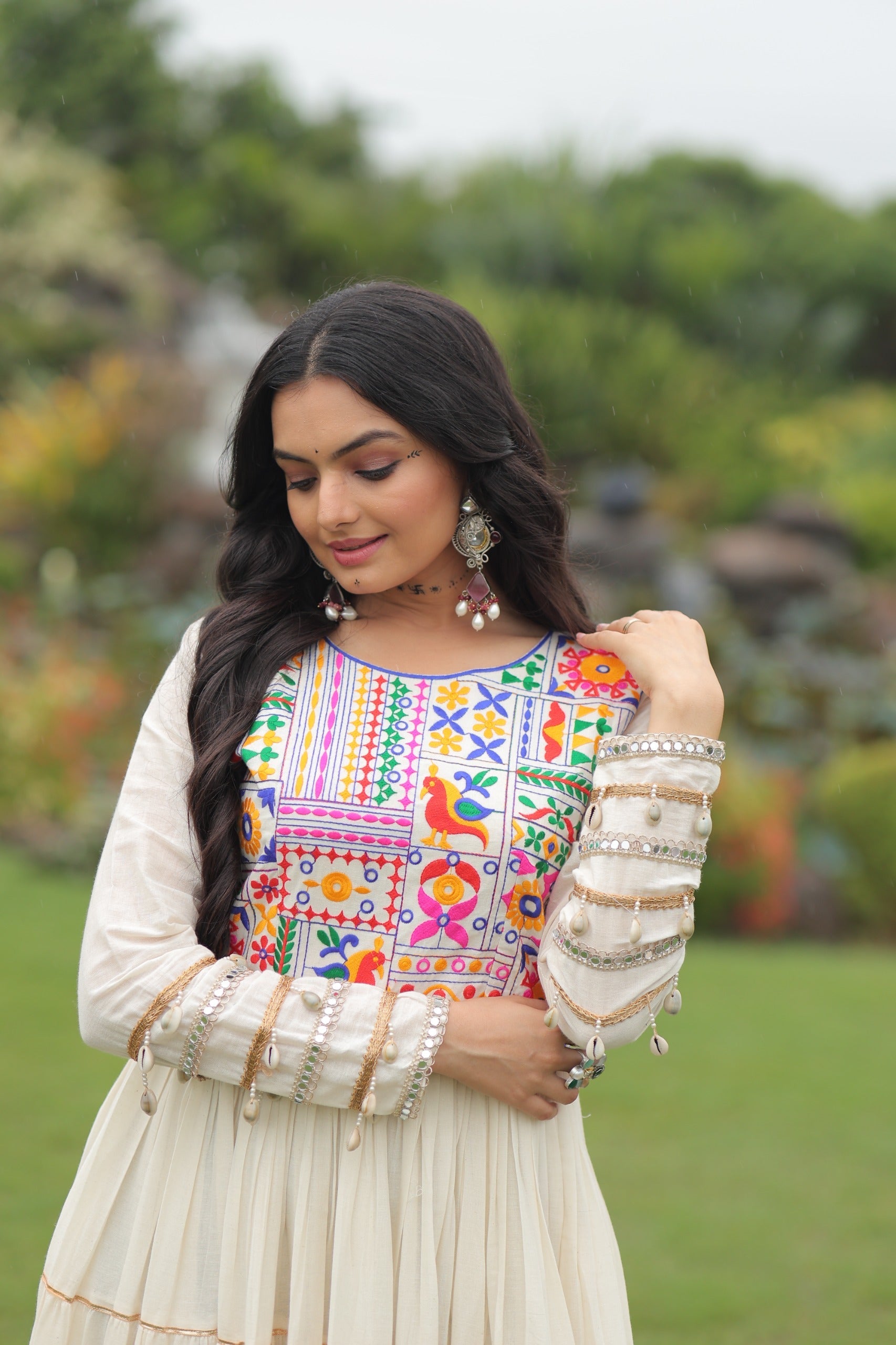 Prazu Fashion Off White Cotton Thread Embroiderd Navratri Gown