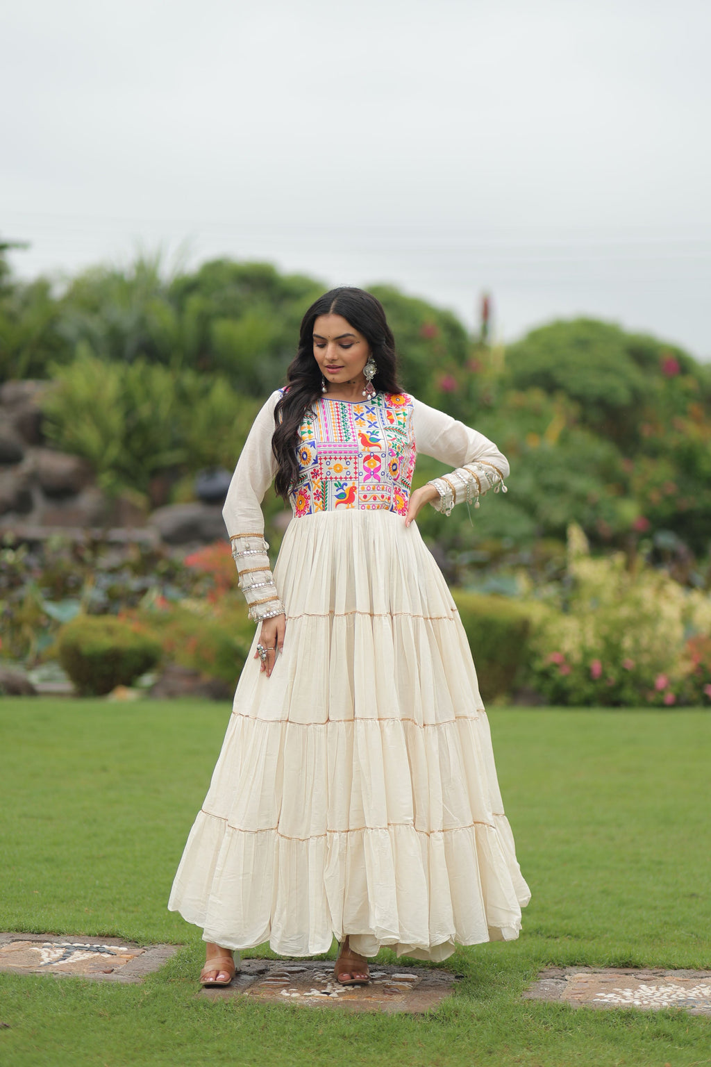 Lorenvalley Fashion Offwhite Kora Cotton with Multi Thread Embroidered & Gota patti Work Gown