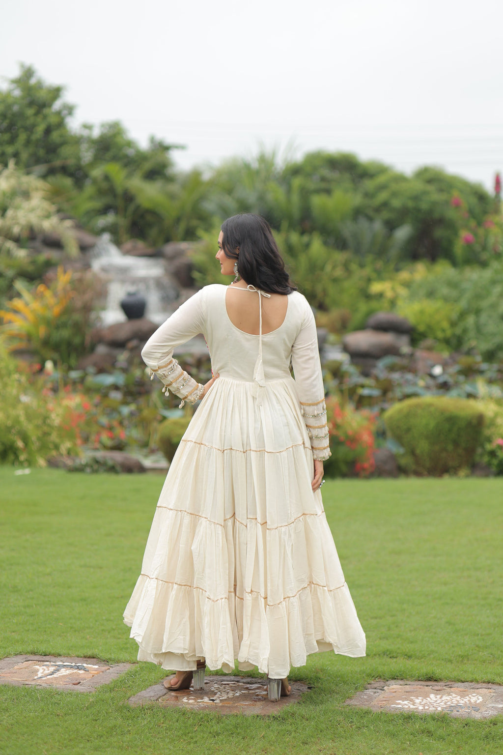 Lorenvalley Fashion Offwhite Kora Cotton with Multi Thread Embroidered & Gota patti Work Gown