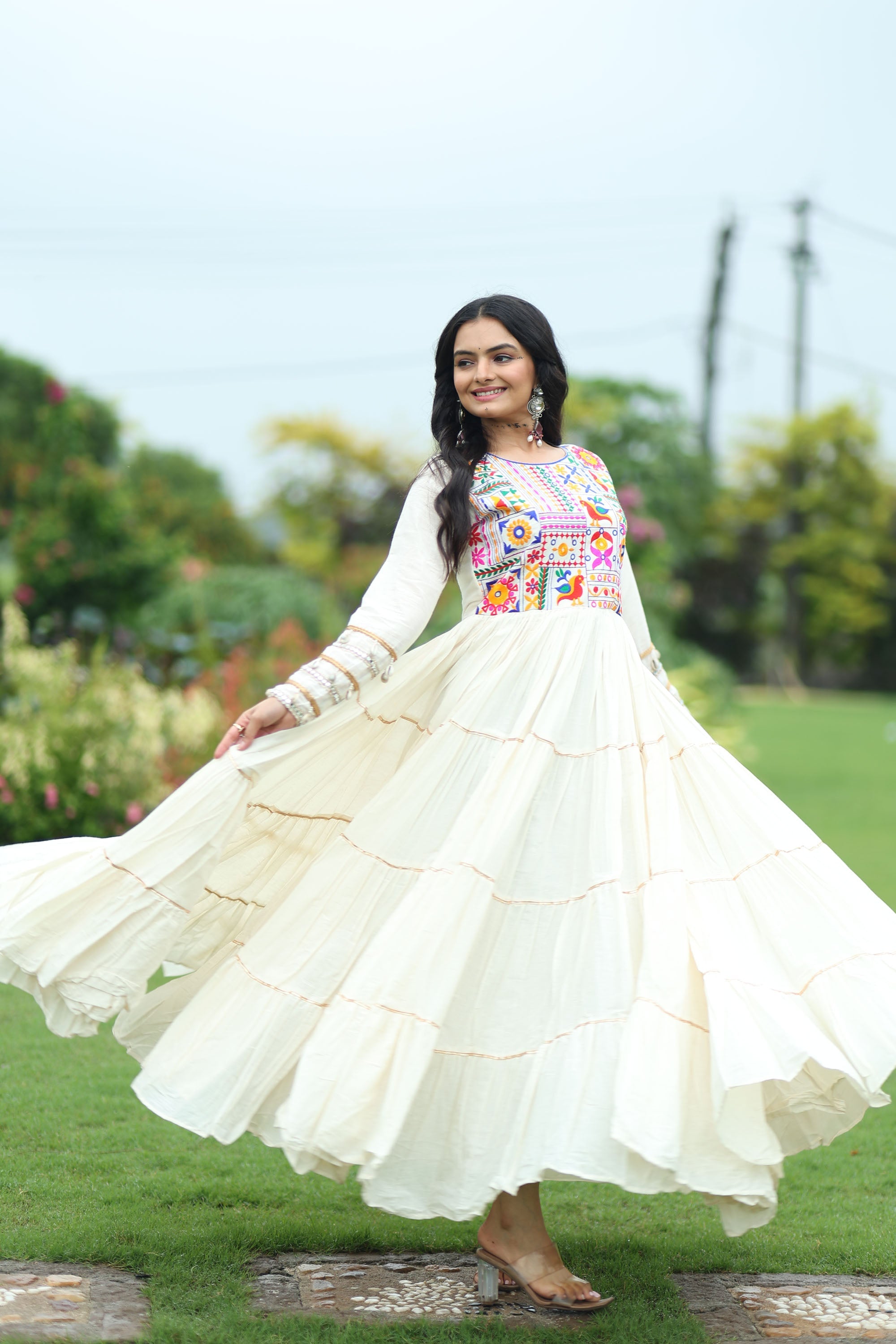 Lorenvalley Fashion Offwhite Kora Cotton with Multi Thread Embroidered & Gota patti Work Gown