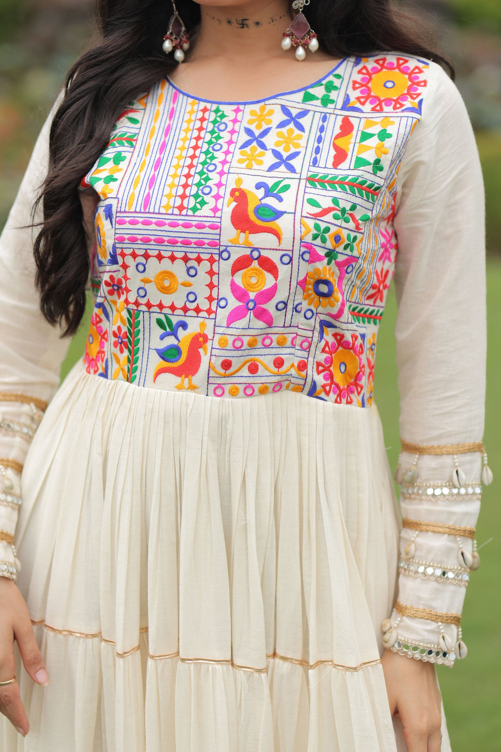 Lorenvalley Fashion Offwhite Kora Cotton with Multi Thread Embroidered & Gota patti Work Gown