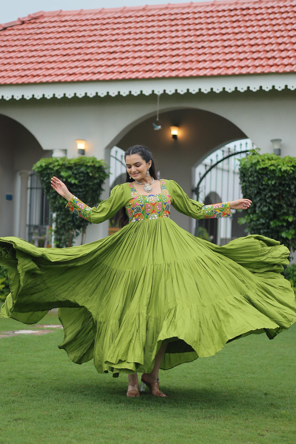 Prazu Fashion Parrot Reyon Kutchi Gamthi Work Navaratri Gown