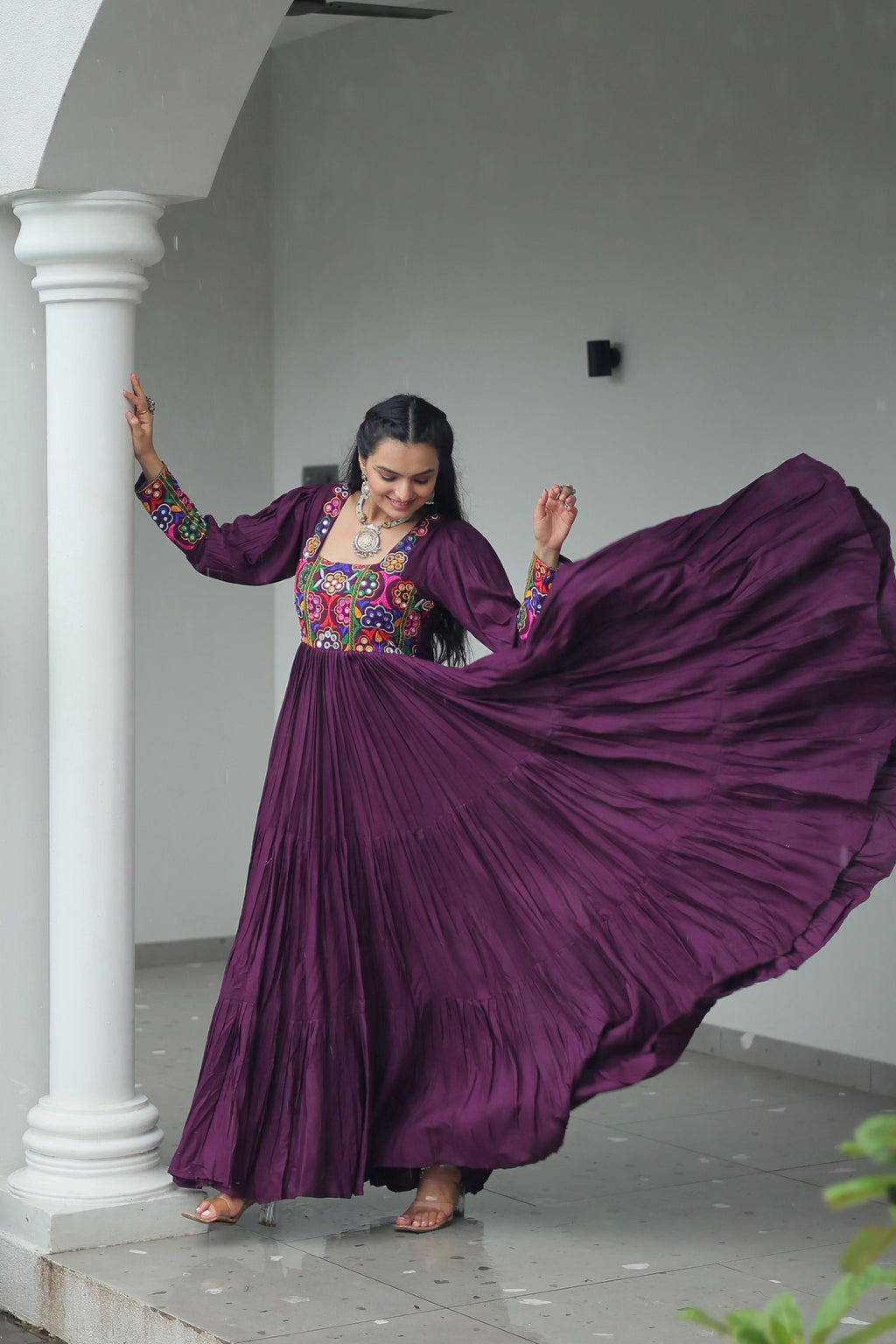 Prazu Fashion Wine Reyon Kutchi Gamthi Work Navaratri Gown