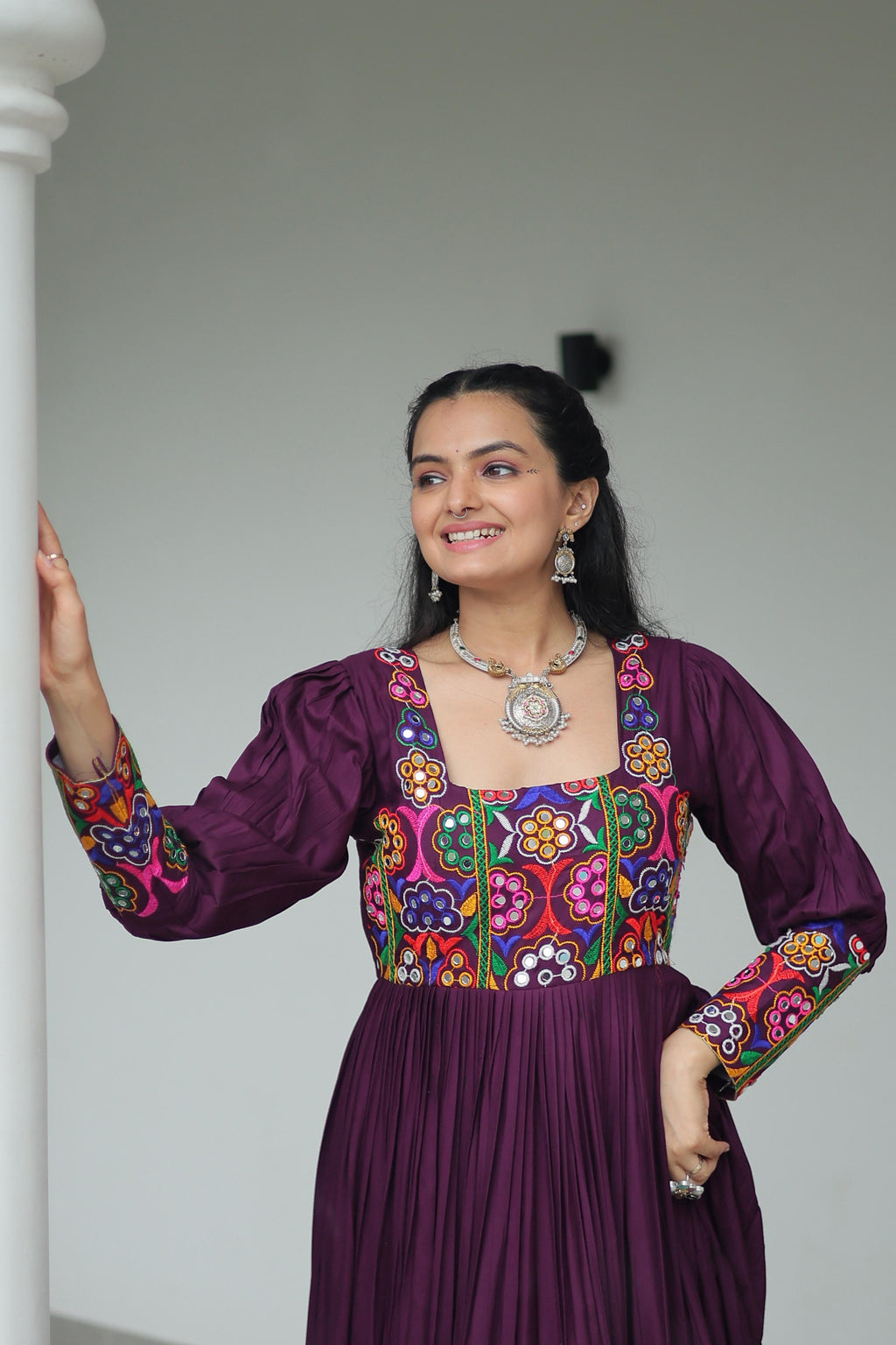 Prazu Fashion Wine Reyon Kutchi Gamthi Work Navaratri Gown