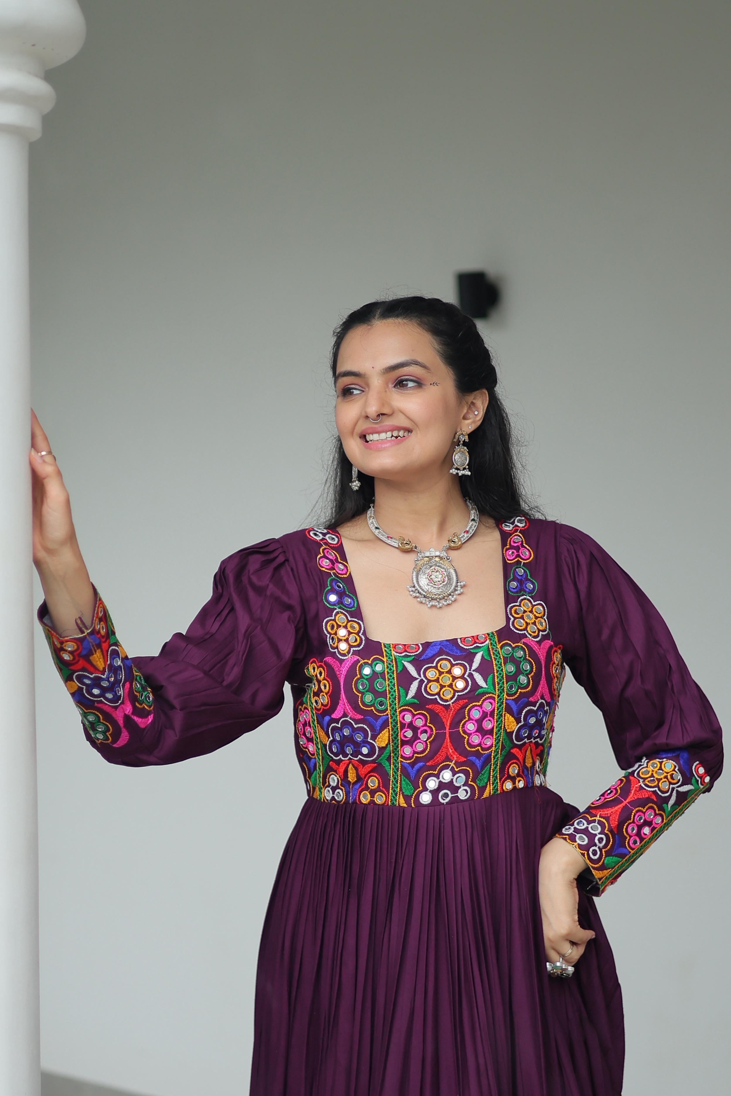 Prazu Fashion Wine Reyon Kutchi Gamthi Work Navaratri Gown