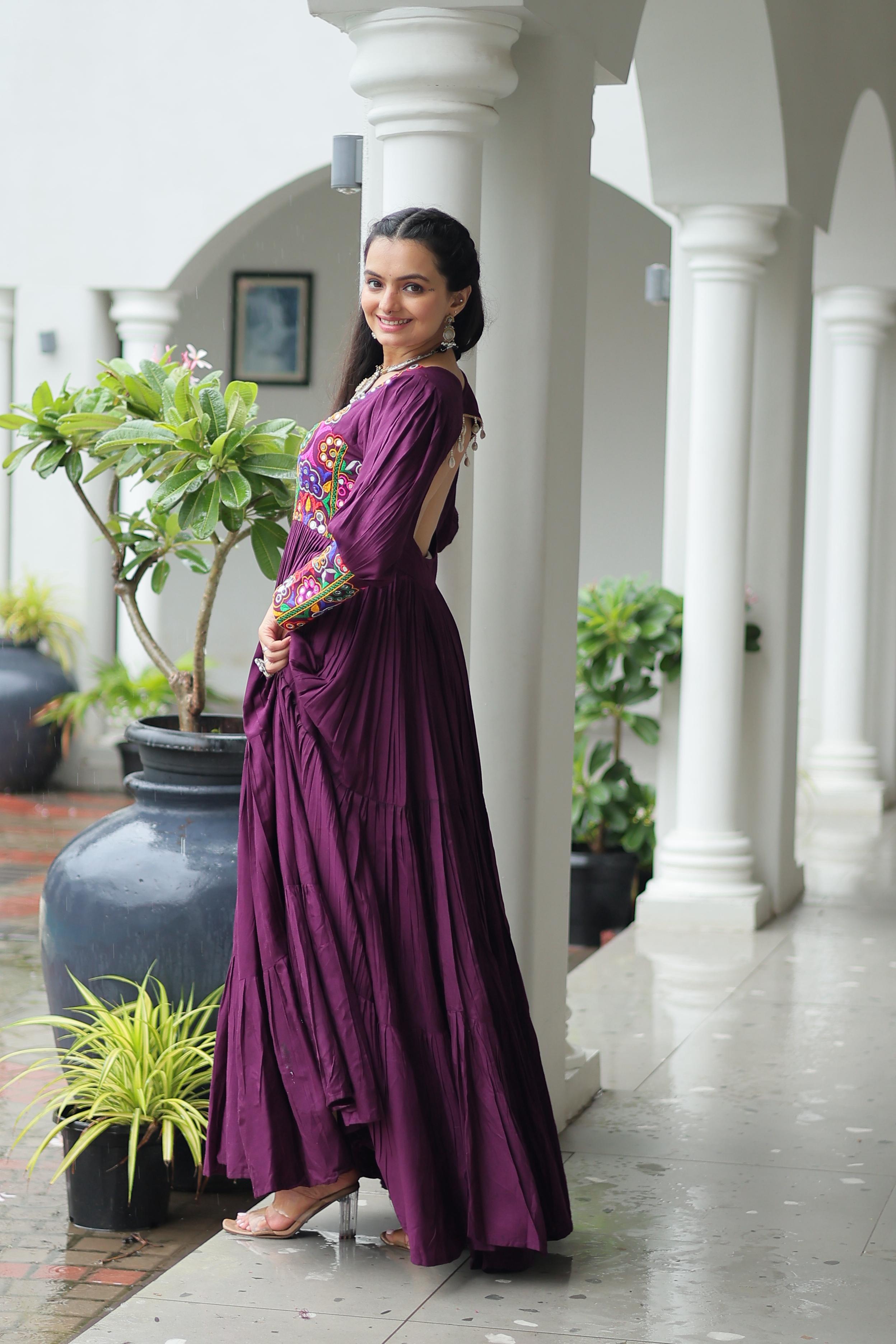 Prazu Fashion Wine Reyon Kutchi Gamthi Work Navaratri Gown