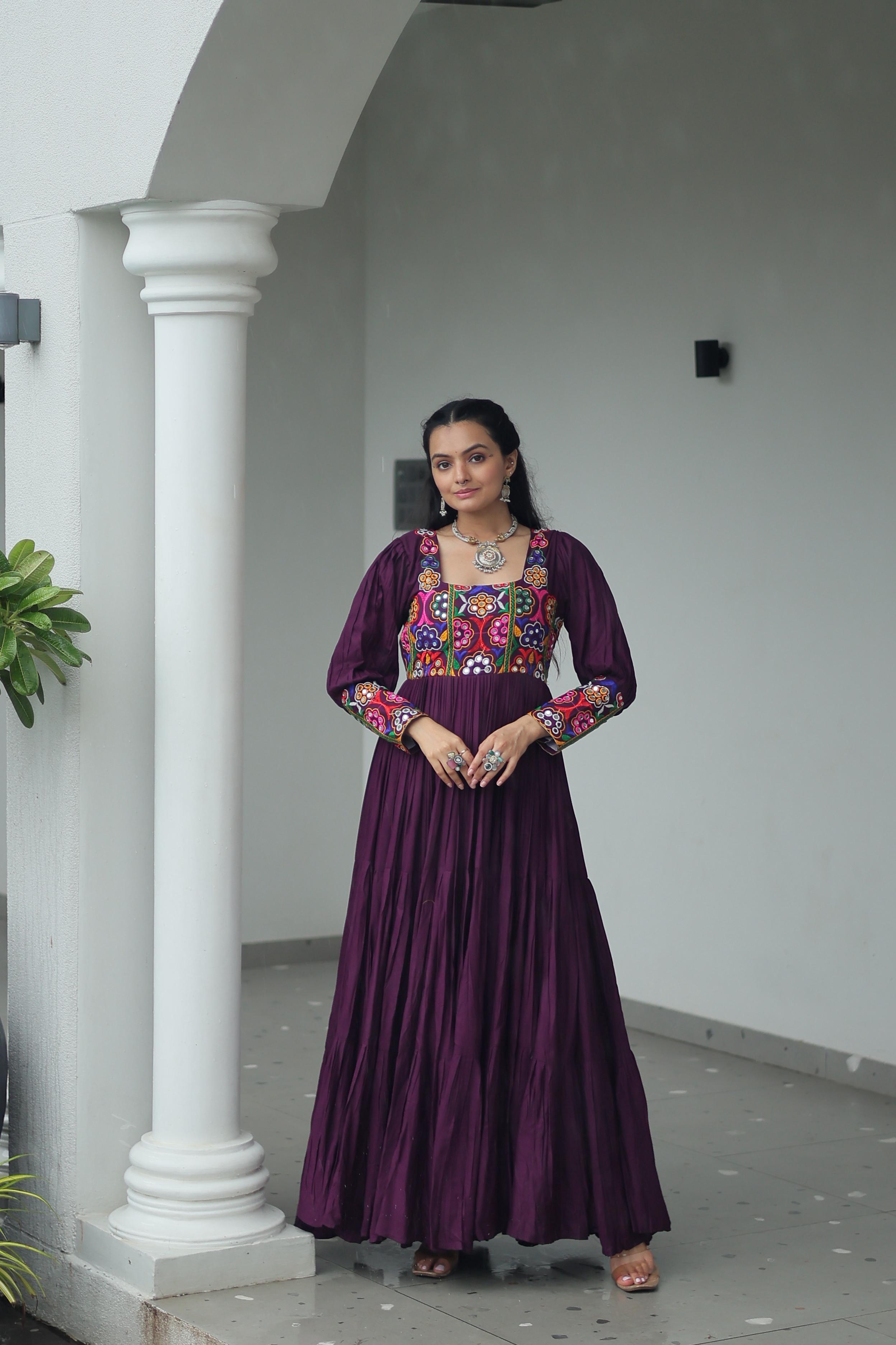 Prazu Fashion Wine Reyon Kutchi Gamthi Work Navaratri Gown
