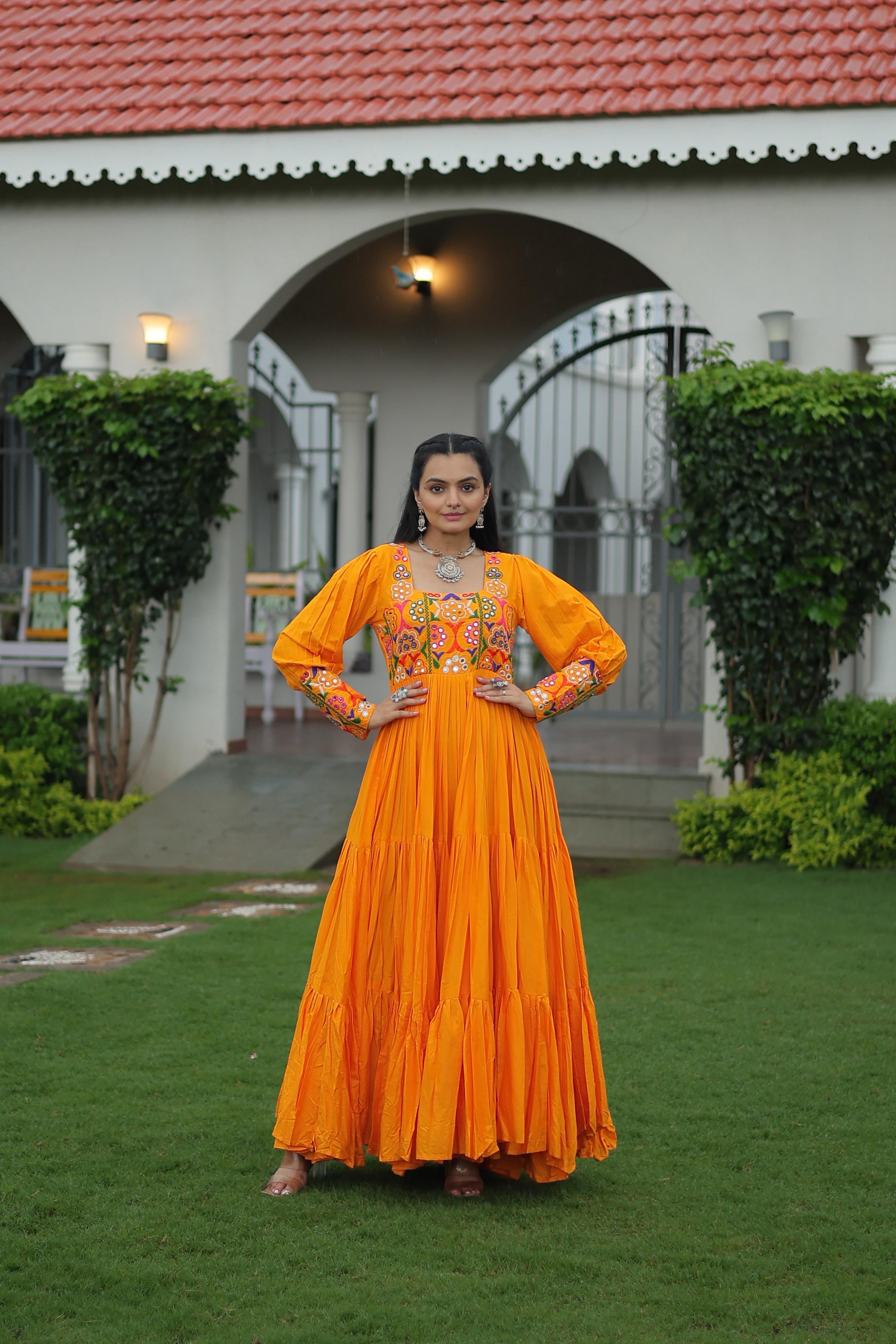 Prazu Fashion Yellow Reyon Kutchi Gamthi Work Navaratri Gown