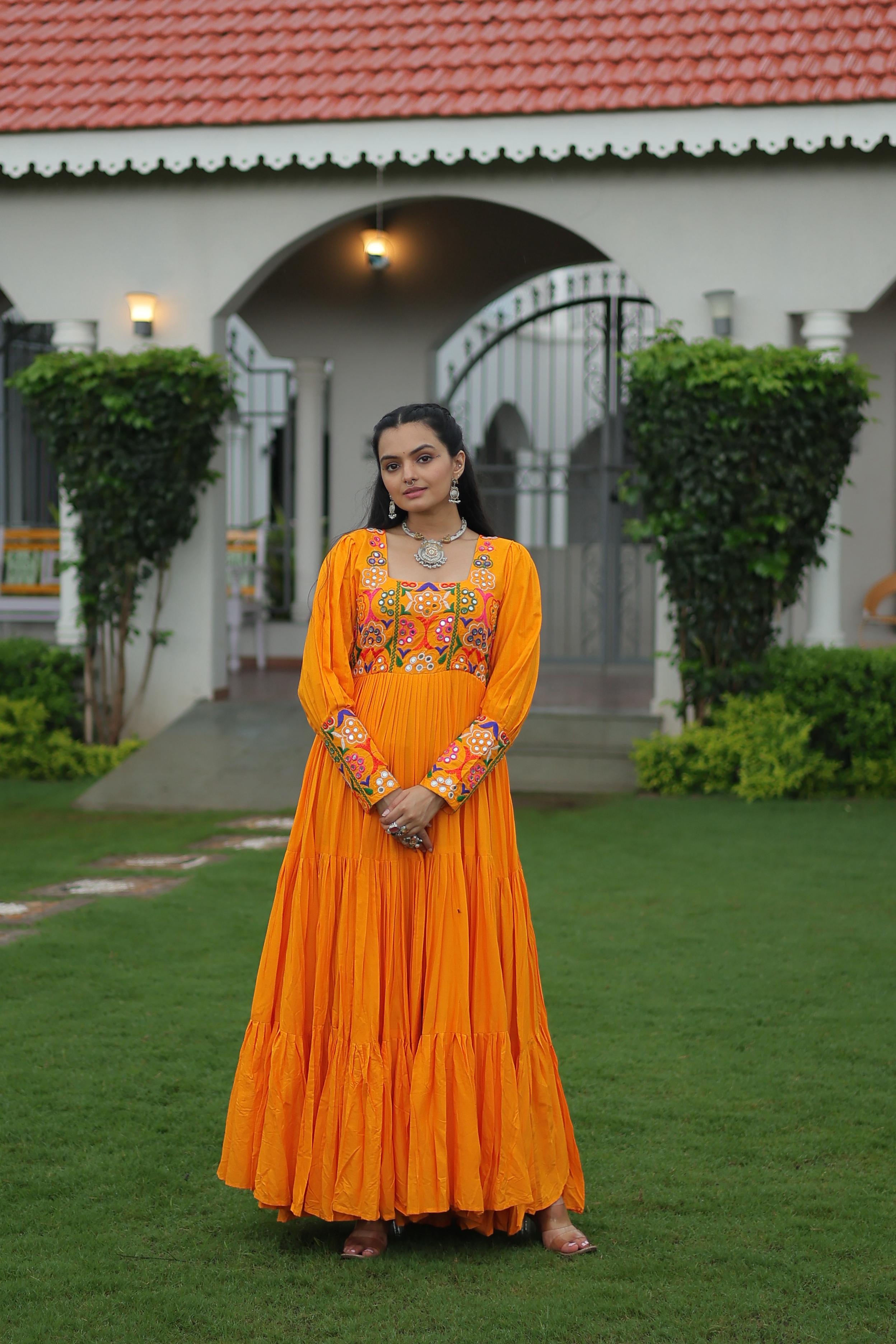 Prazu Fashion Yellow Reyon Kutchi Gamthi Work Navaratri Gown