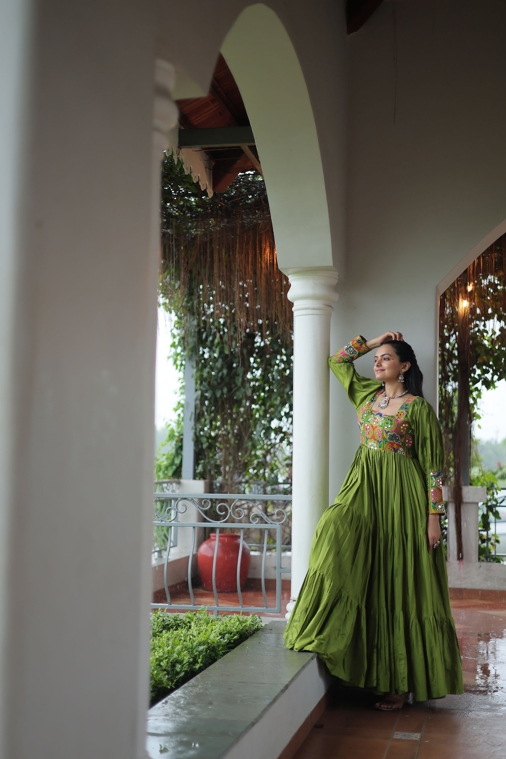 Lorenvalley Fashion Parotgreen Rayon with Kutchi Gamthi Work Gown