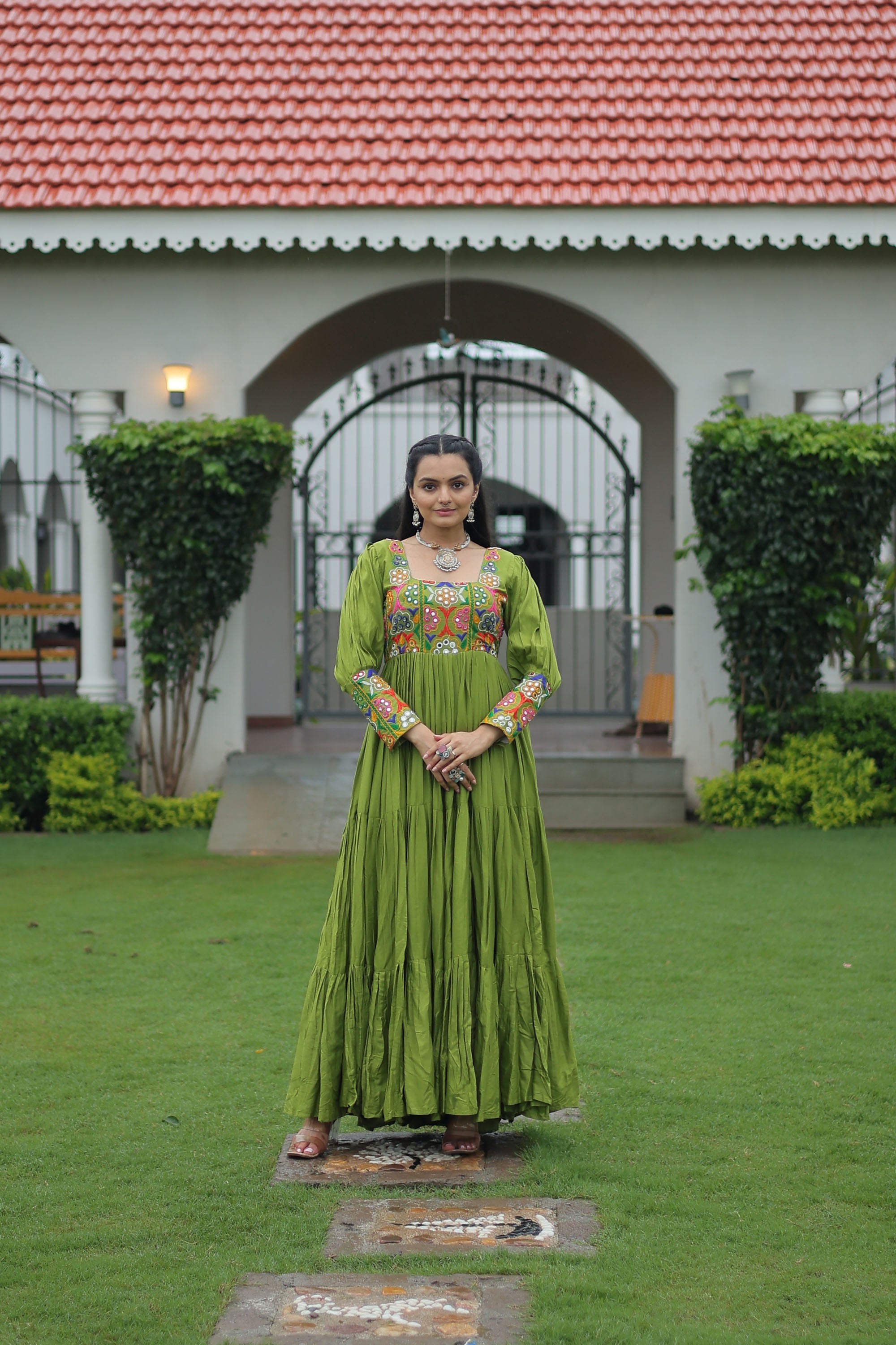 Lorenvalley Fashion Parotgreen Rayon with Kutchi Gamthi Work Gown