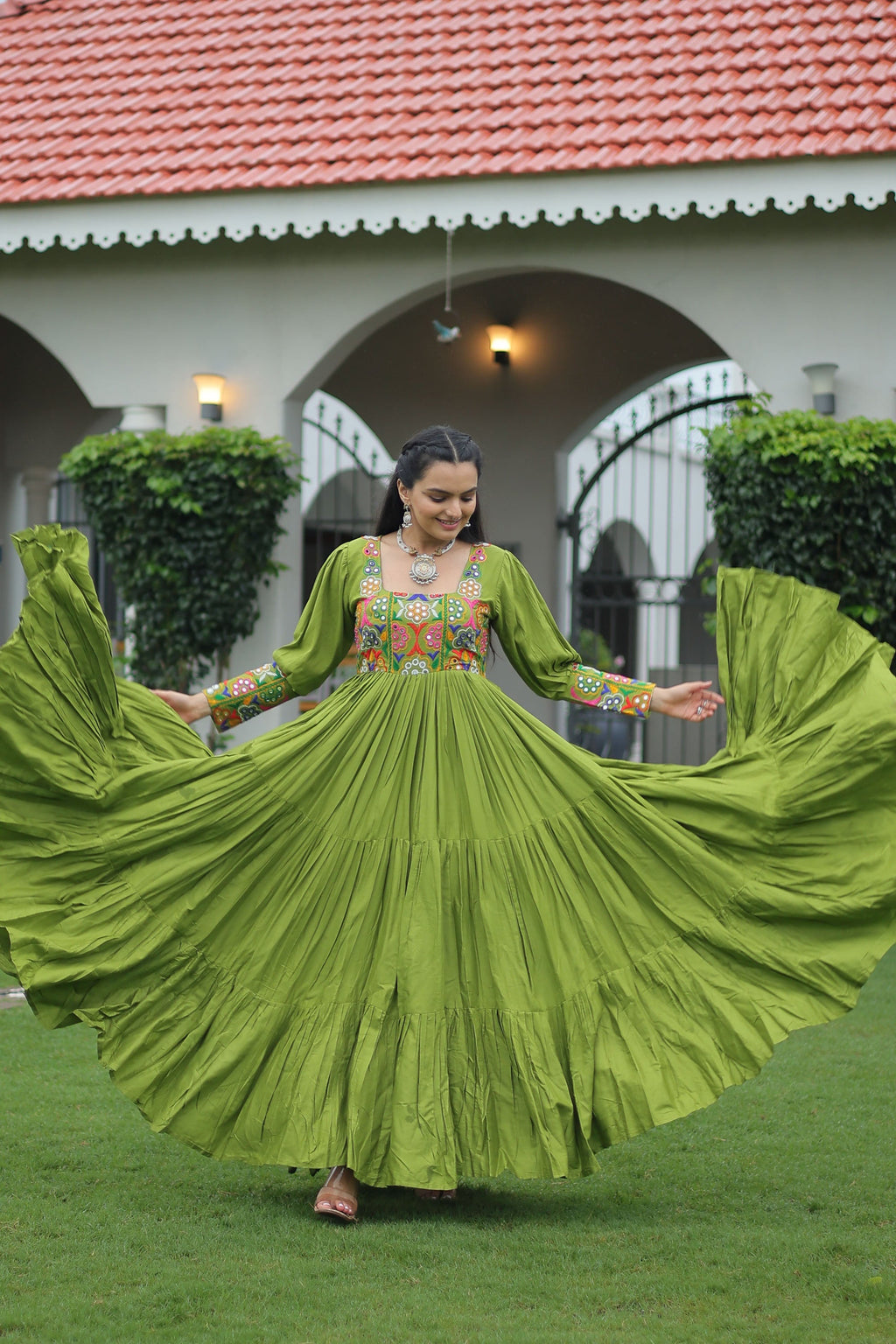 Lorenvalley Fashion Parotgreen Rayon with Kutchi Gamthi Work Gown