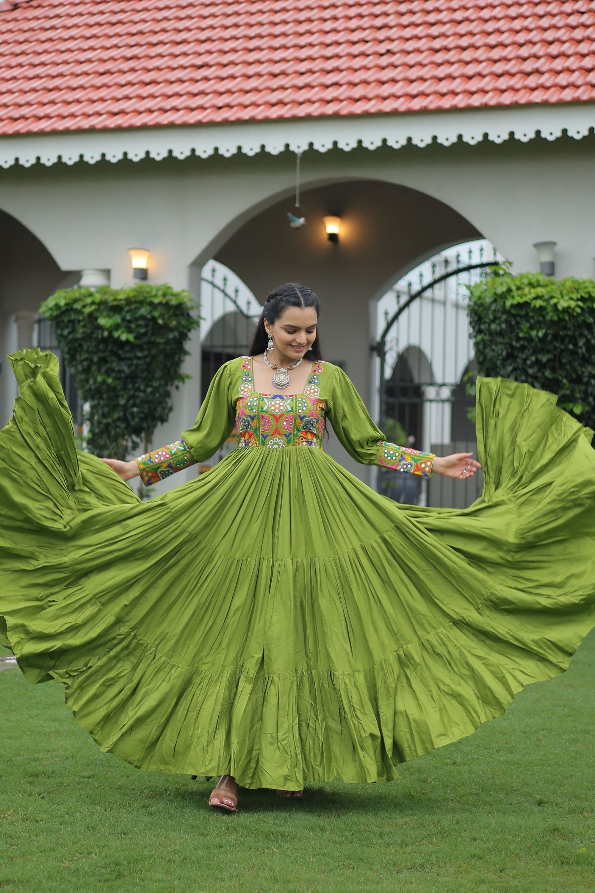 Lorenvalley Fashion Parotgreen Rayon with Kutchi Gamthi Work Gown