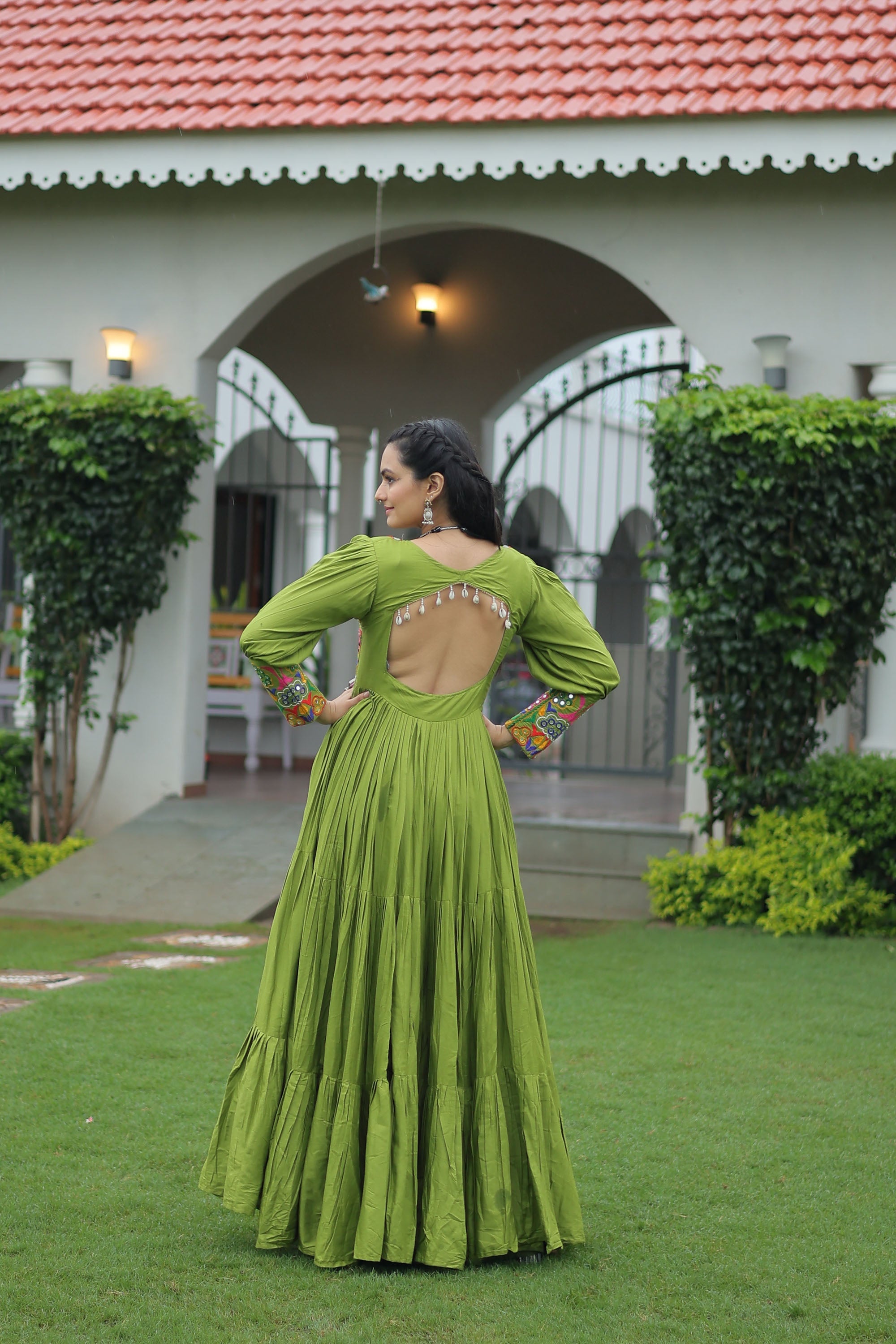 Lorenvalley Fashion Parotgreen Rayon with Kutchi Gamthi Work Gown