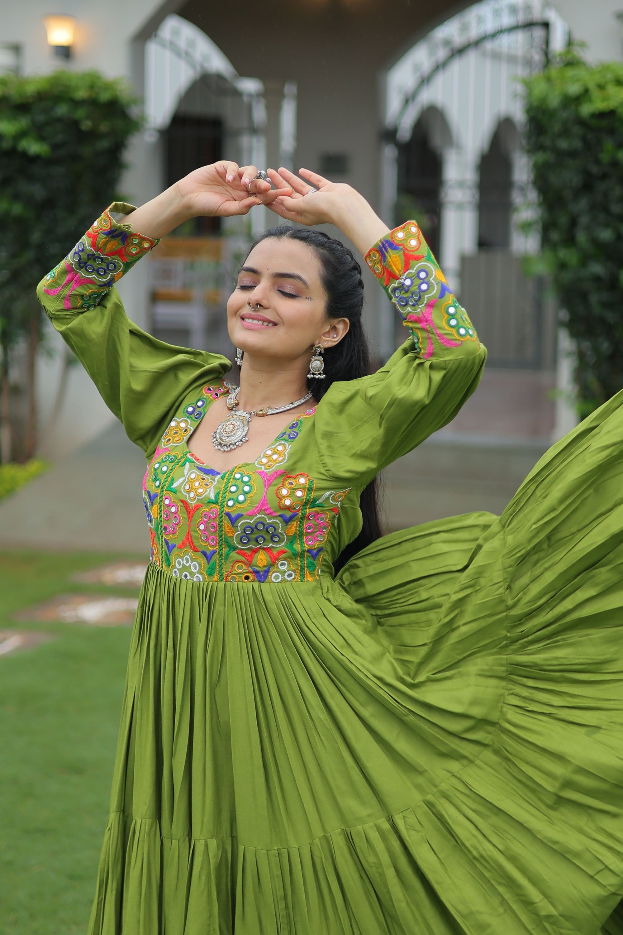 Lorenvalley Fashion Parotgreen Rayon with Kutchi Gamthi Work Gown