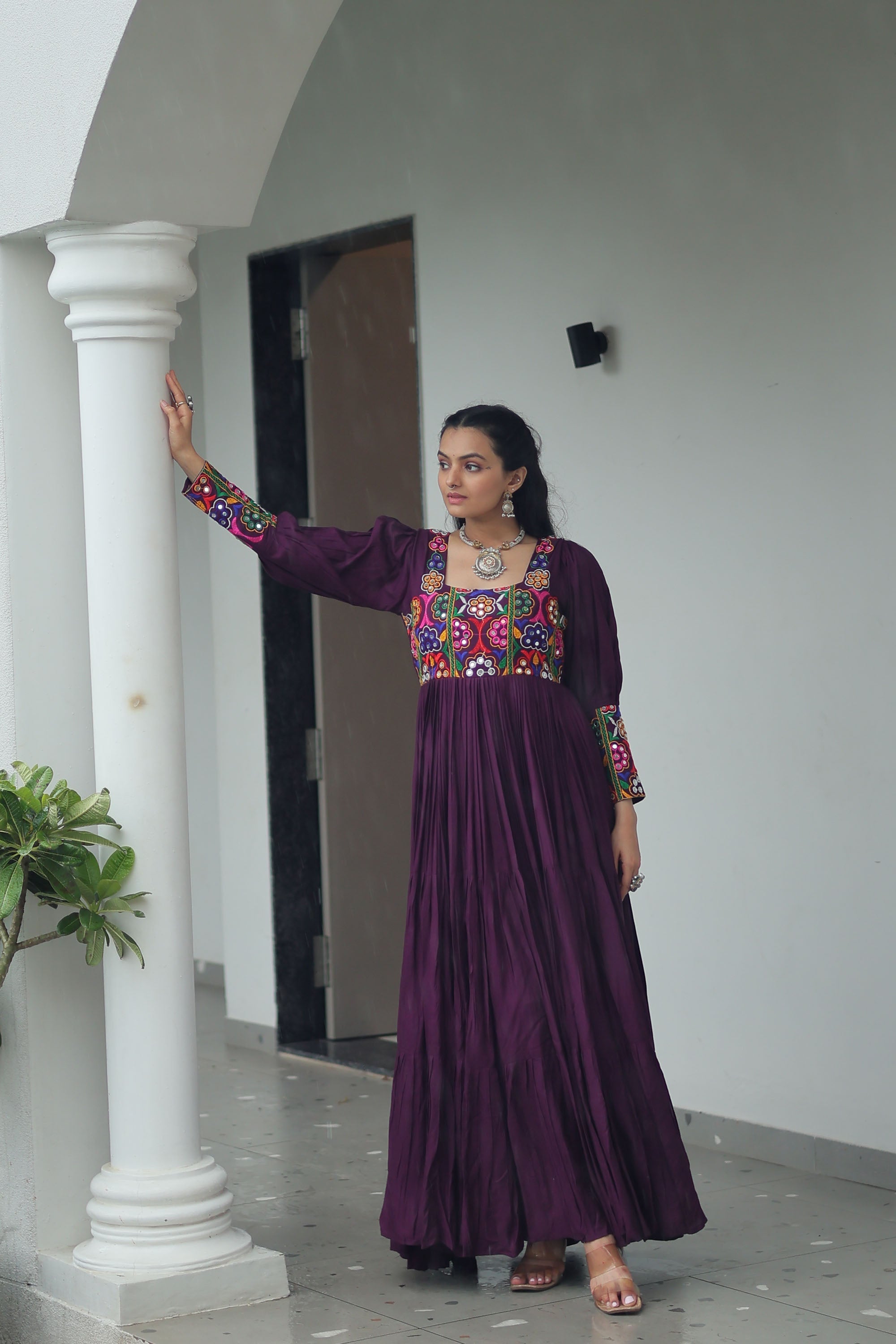 Lorenvalley Fashion Wine Rayon with Kutchi Gamthi Work Gown