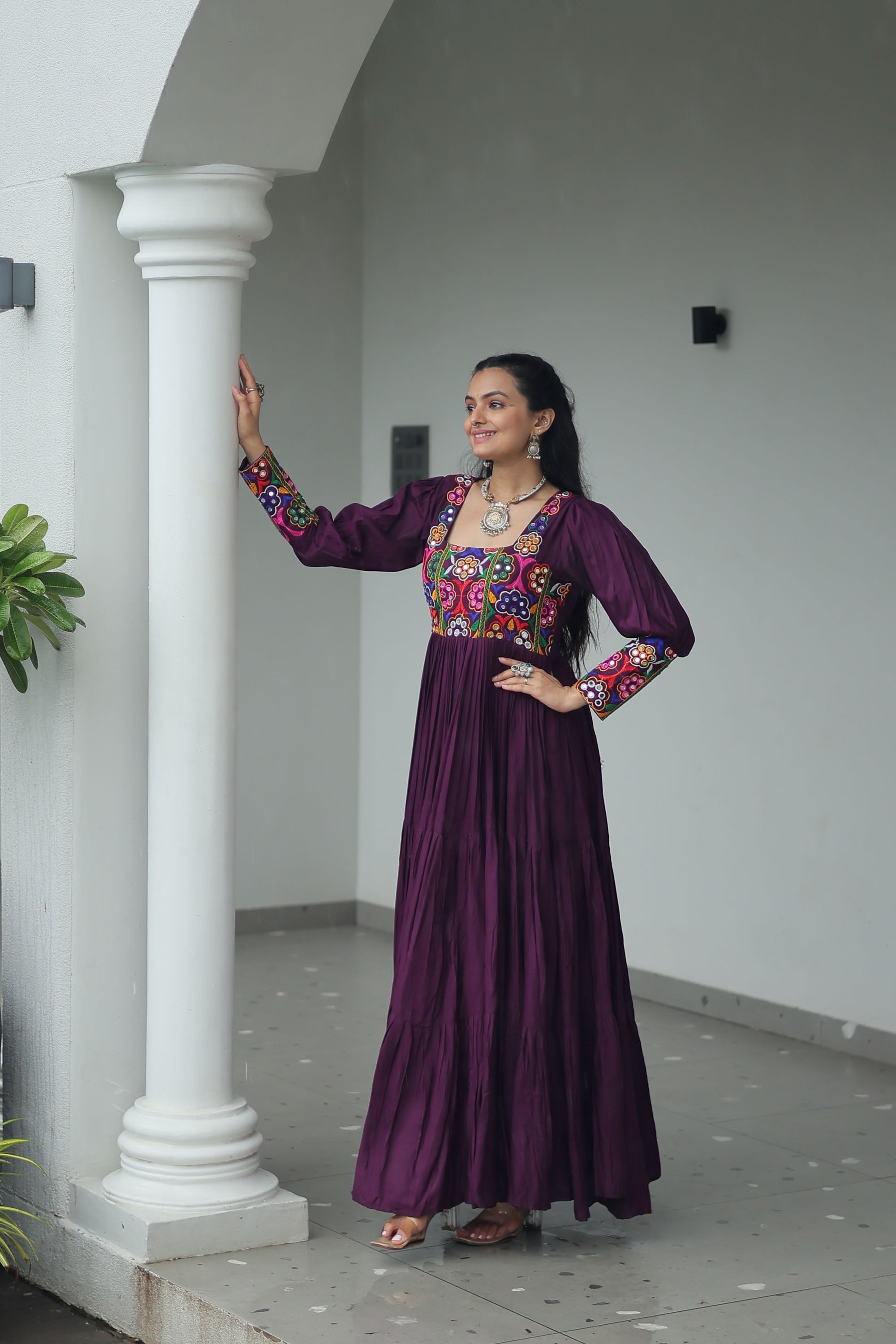 Lorenvalley Fashion Wine Rayon with Kutchi Gamthi Work Gown
