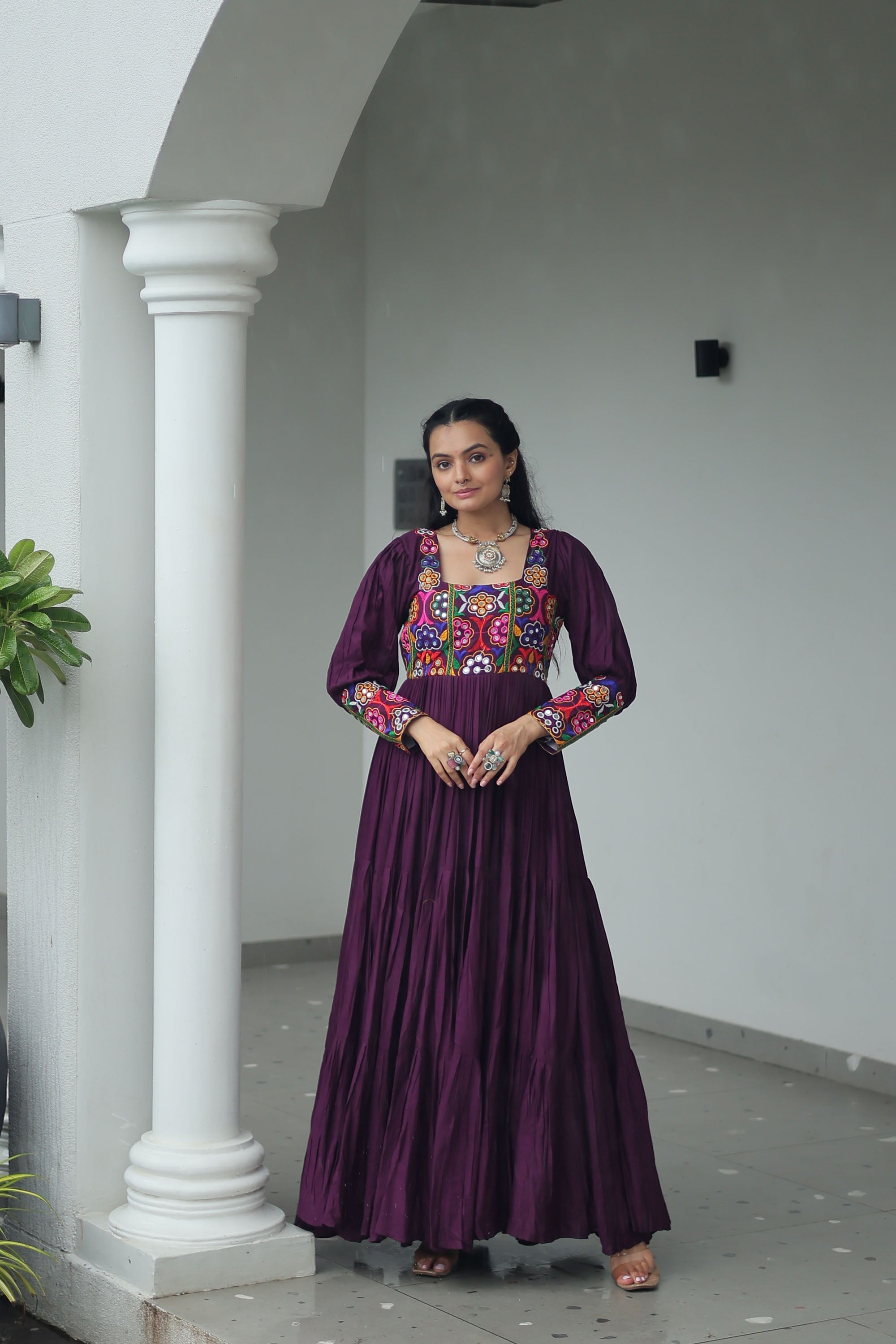 Lorenvalley Fashion Wine Rayon with Kutchi Gamthi Work Gown
