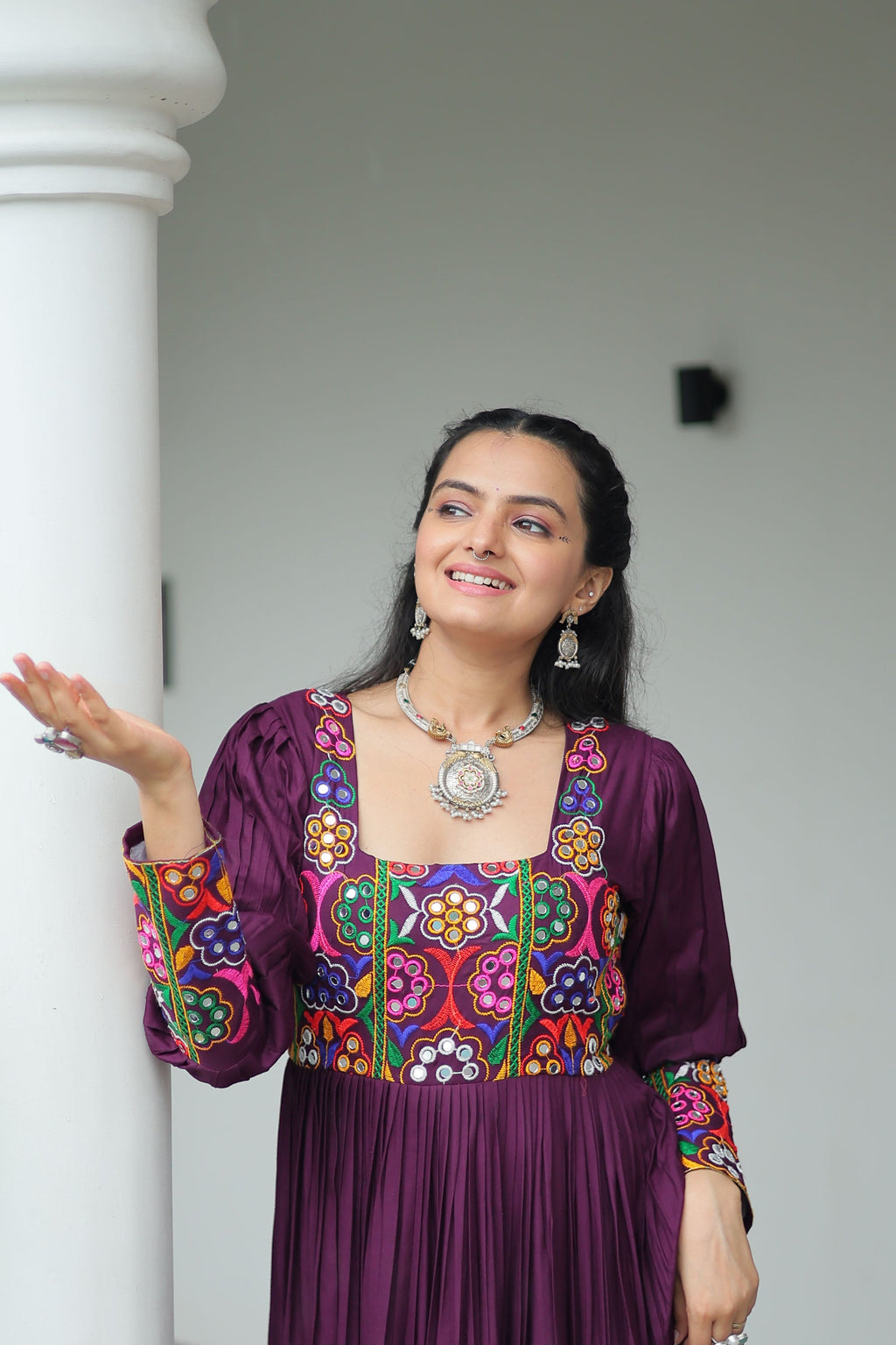 Lorenvalley Fashion Wine Rayon with Kutchi Gamthi Work Gown