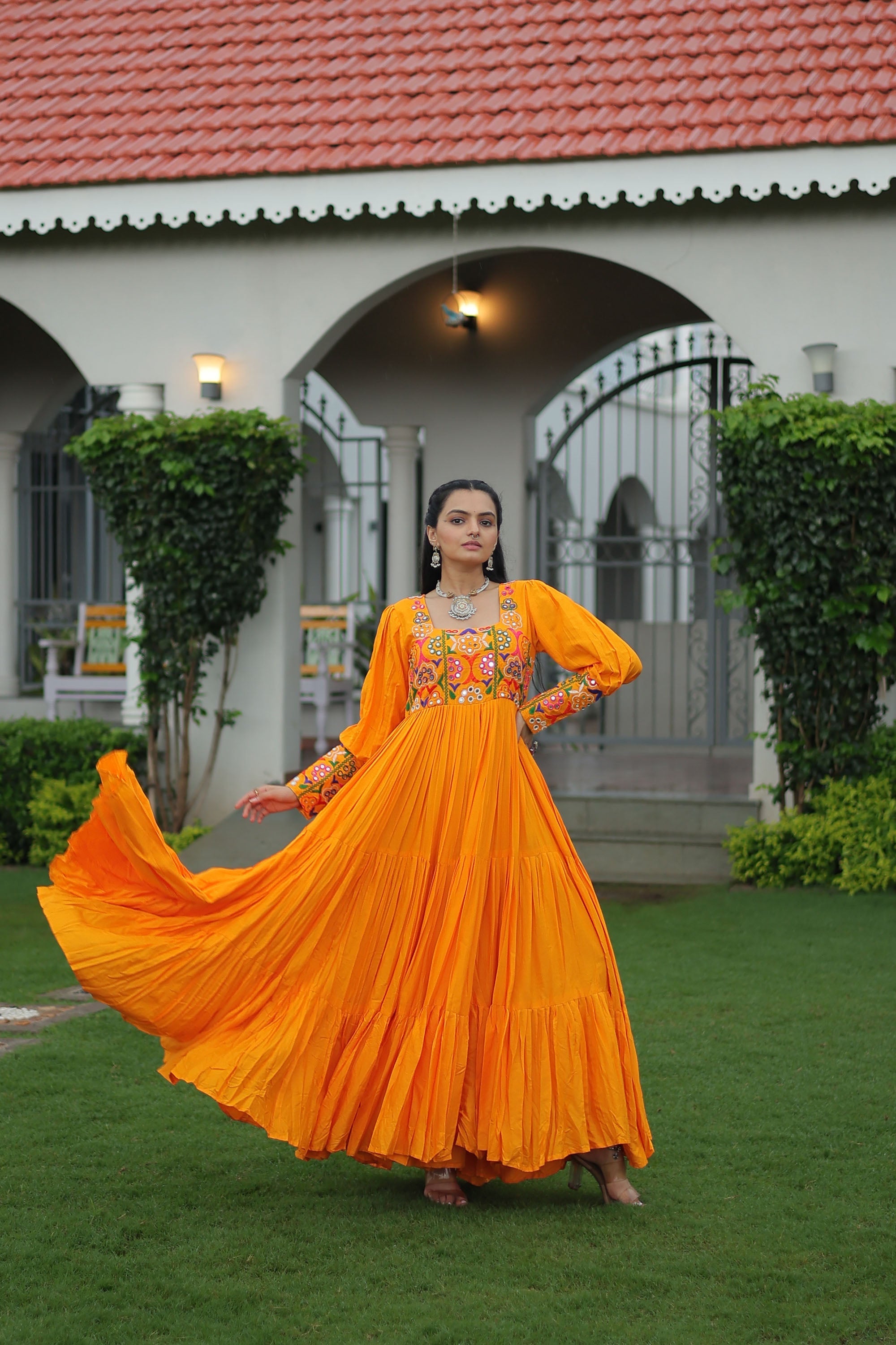 Lorenvalley Fashion Orange Rayon with Kutchi Gamthi Work Gown