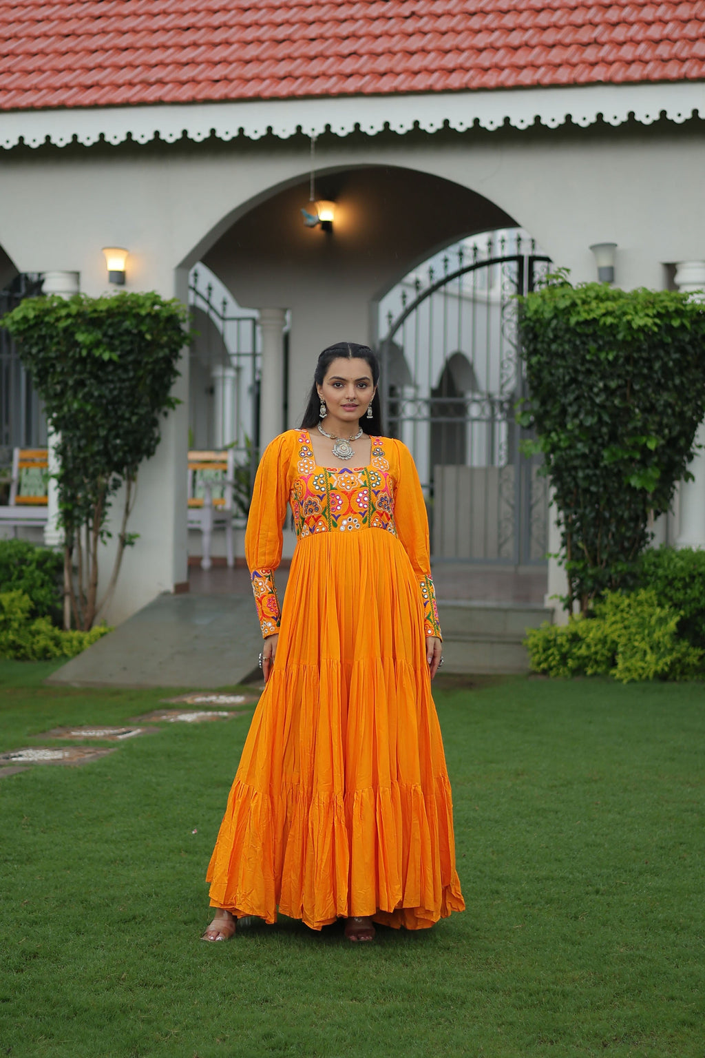 Lorenvalley Fashion Orange Rayon with Kutchi Gamthi Work Gown