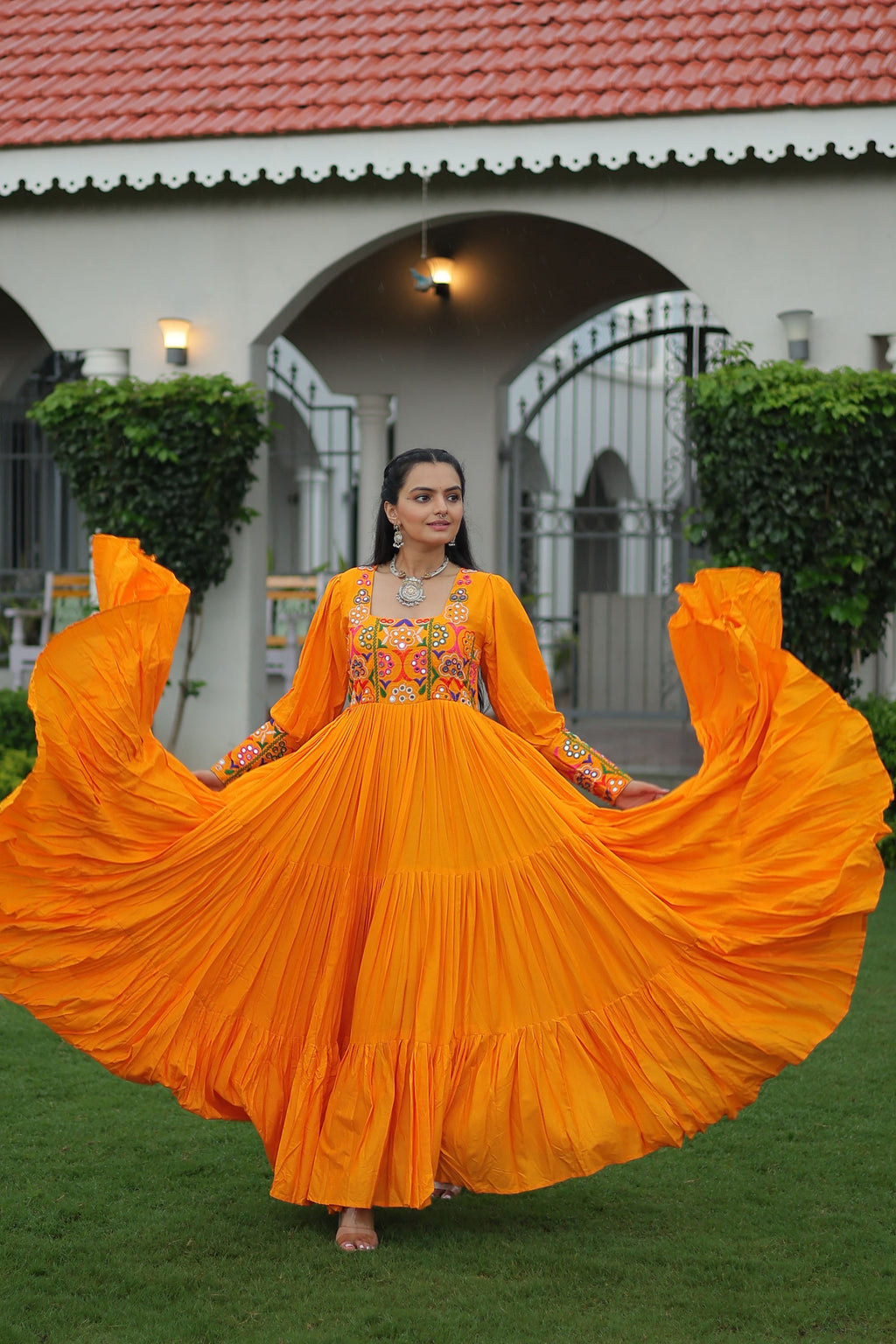 Lorenvalley Fashion Orange Rayon with Kutchi Gamthi Work Gown