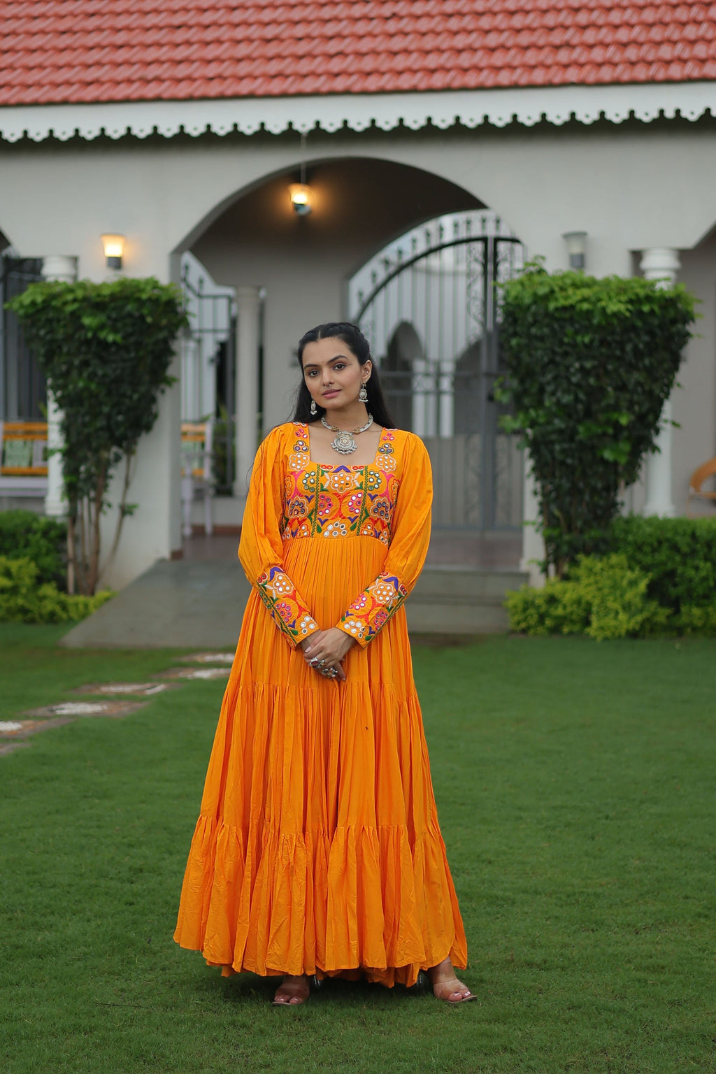 Lorenvalley Fashion Orange Rayon with Kutchi Gamthi Work Gown
