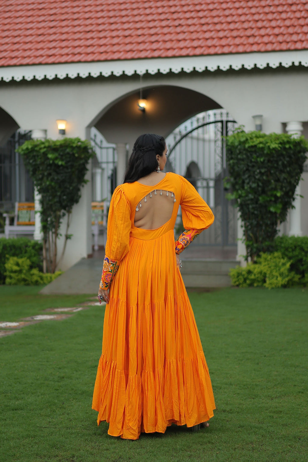 Lorenvalley Fashion Orange Rayon with Kutchi Gamthi Work Gown