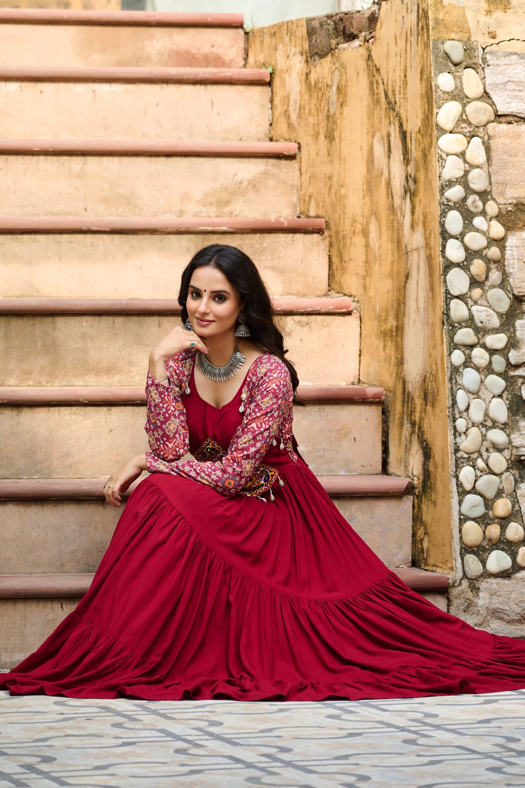 Prazu Fashion Maroon Reyon With Kutchi Gamthi Embroidered Navaratri Gown
