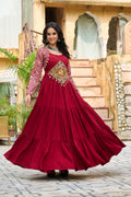 Prazu Fashion Maroon Reyon With Kutchi Gamthi Embroidered Navaratri Gown