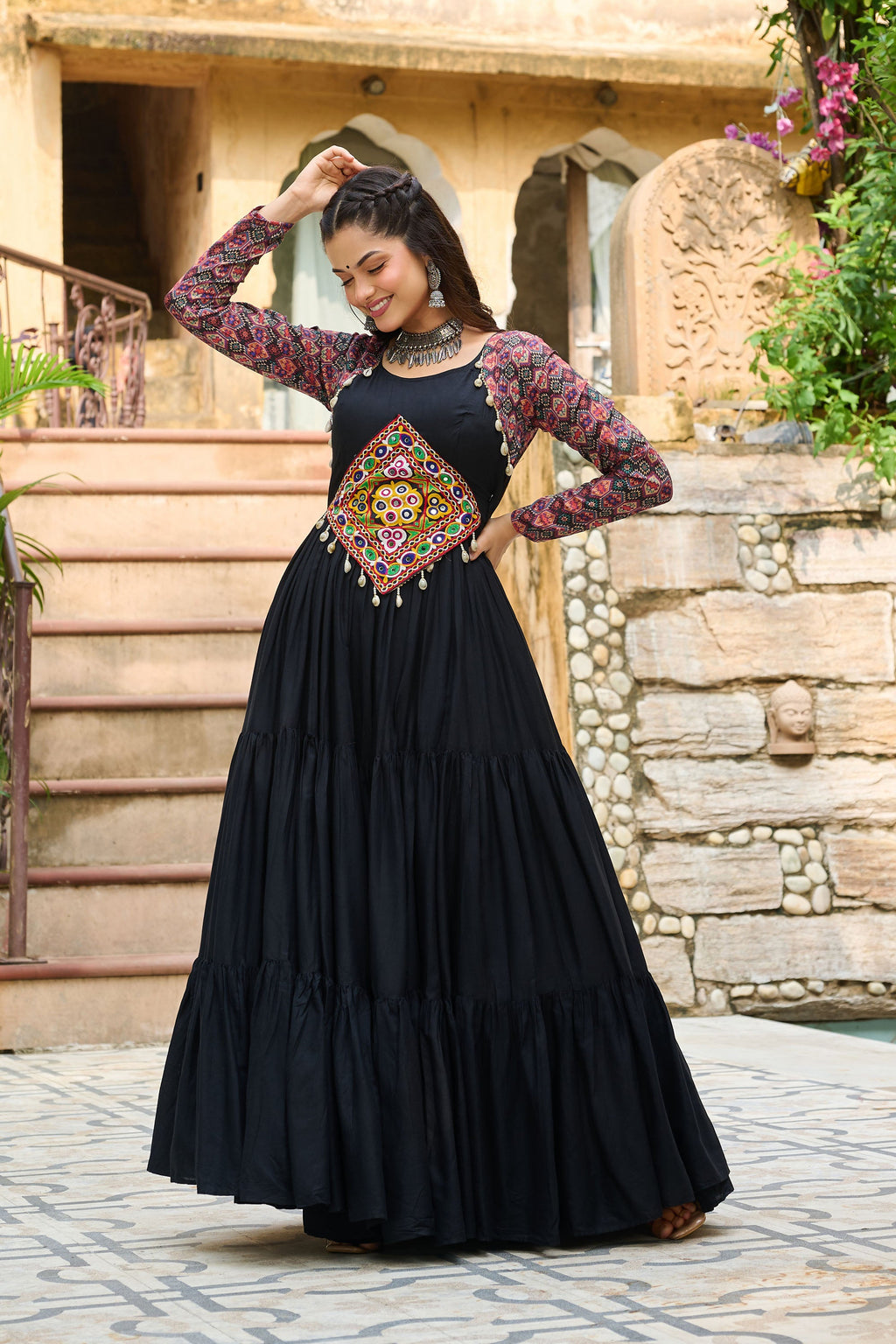 Lorenvalley Fashion Black Rayon Kutchi Gamthi Embroidered Work & Cotton Print Work Gown
