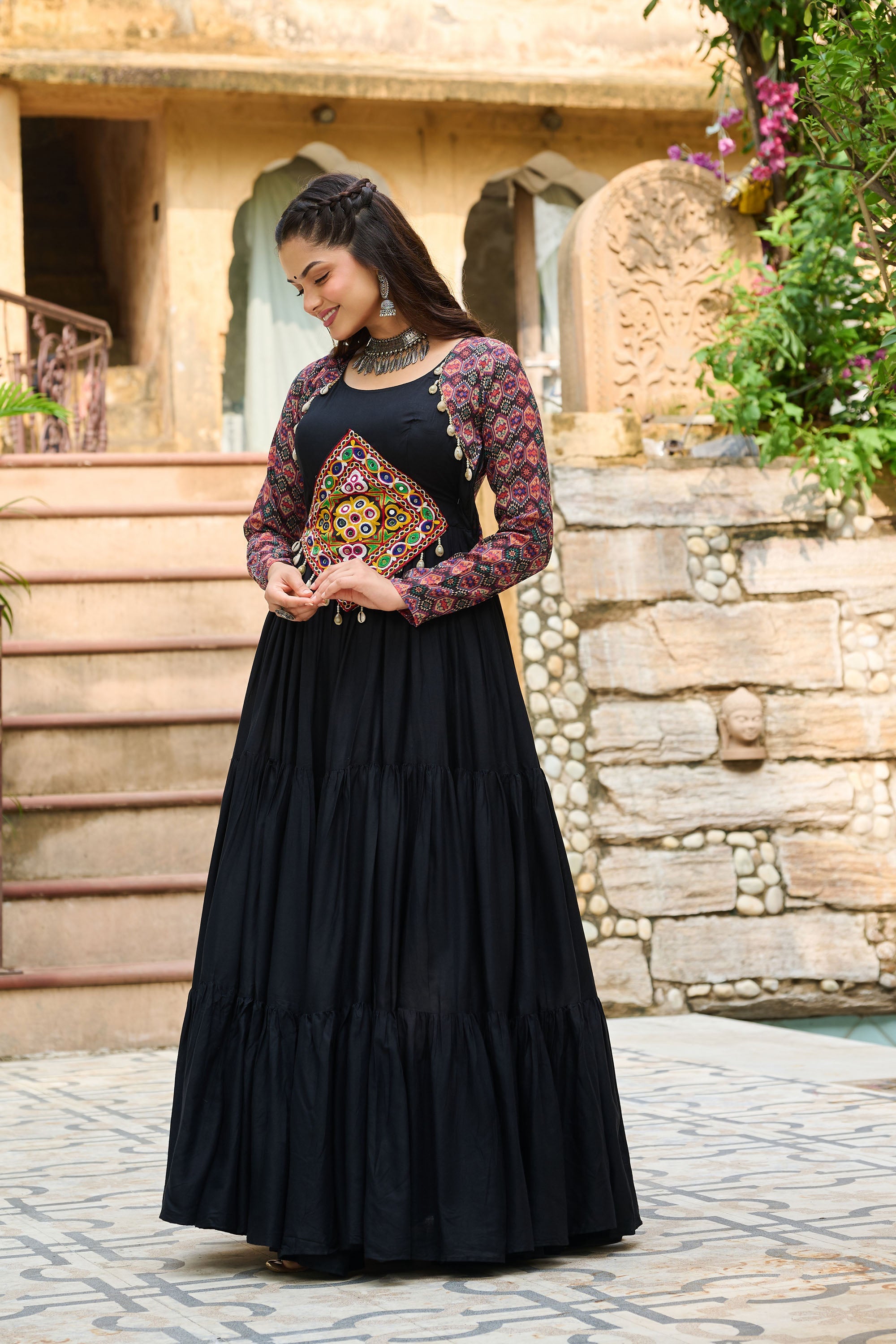 Lorenvalley Fashion Black Rayon Kutchi Gamthi Embroidered Work & Cotton Print Work Gown