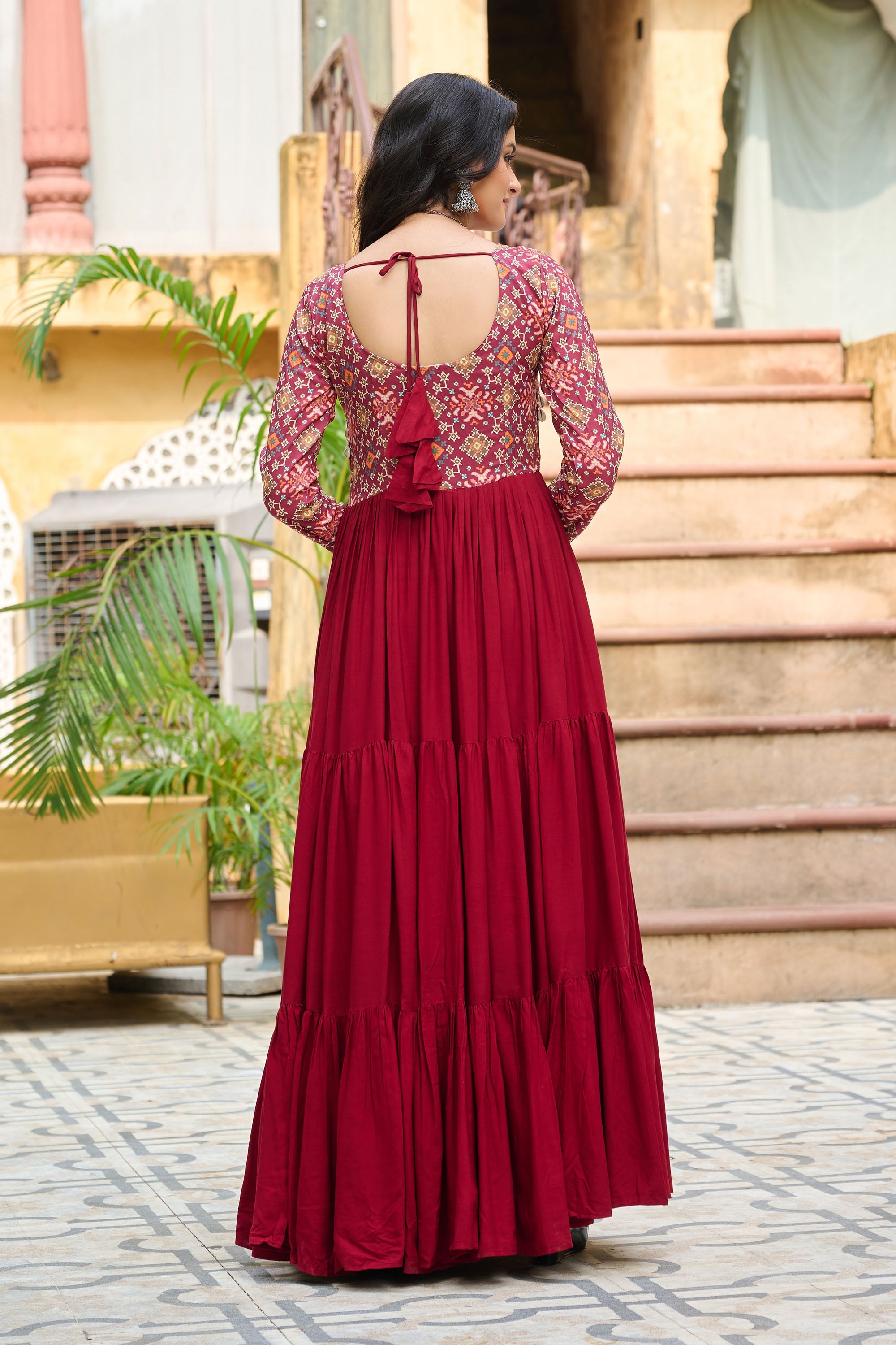 Lorenvalley Fashion Maroon Rayon Kutchi Gamthi Embroidered Work & Cotton Print Work Gown