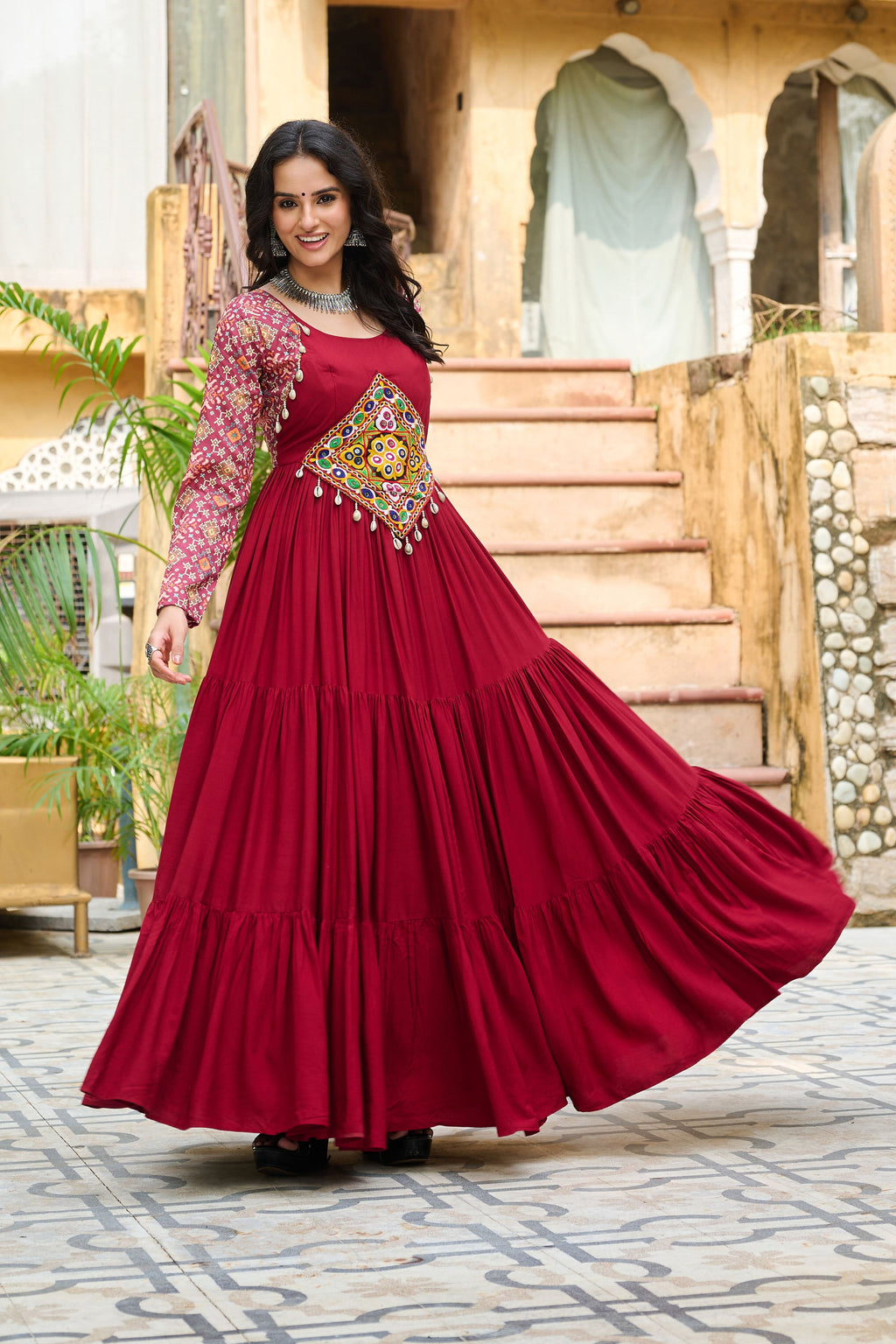 Lorenvalley Fashion Maroon Rayon Kutchi Gamthi Embroidered Work & Cotton Print Work Gown