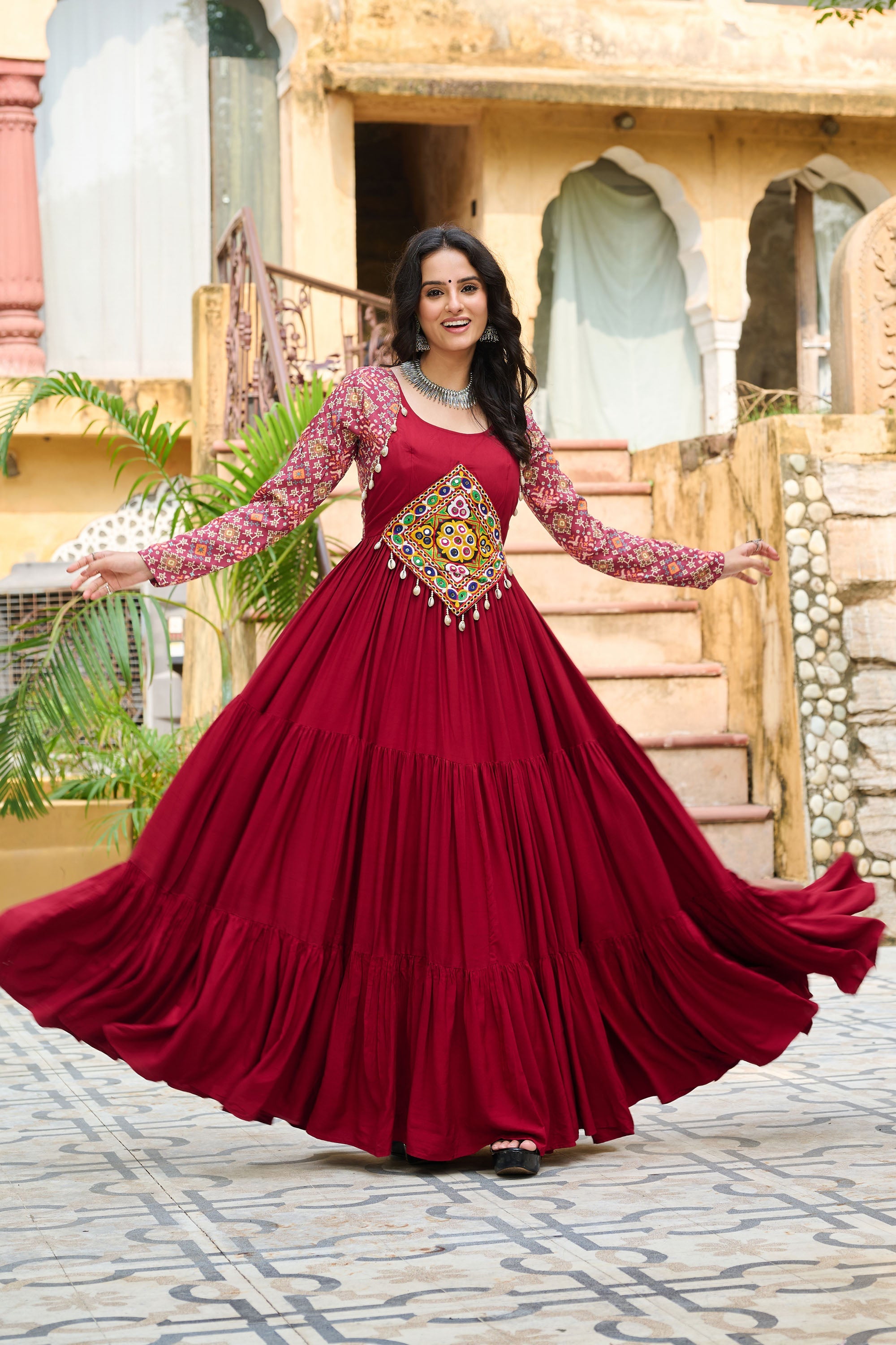 Lorenvalley Fashion Maroon Rayon Kutchi Gamthi Embroidered Work & Cotton Print Work Gown