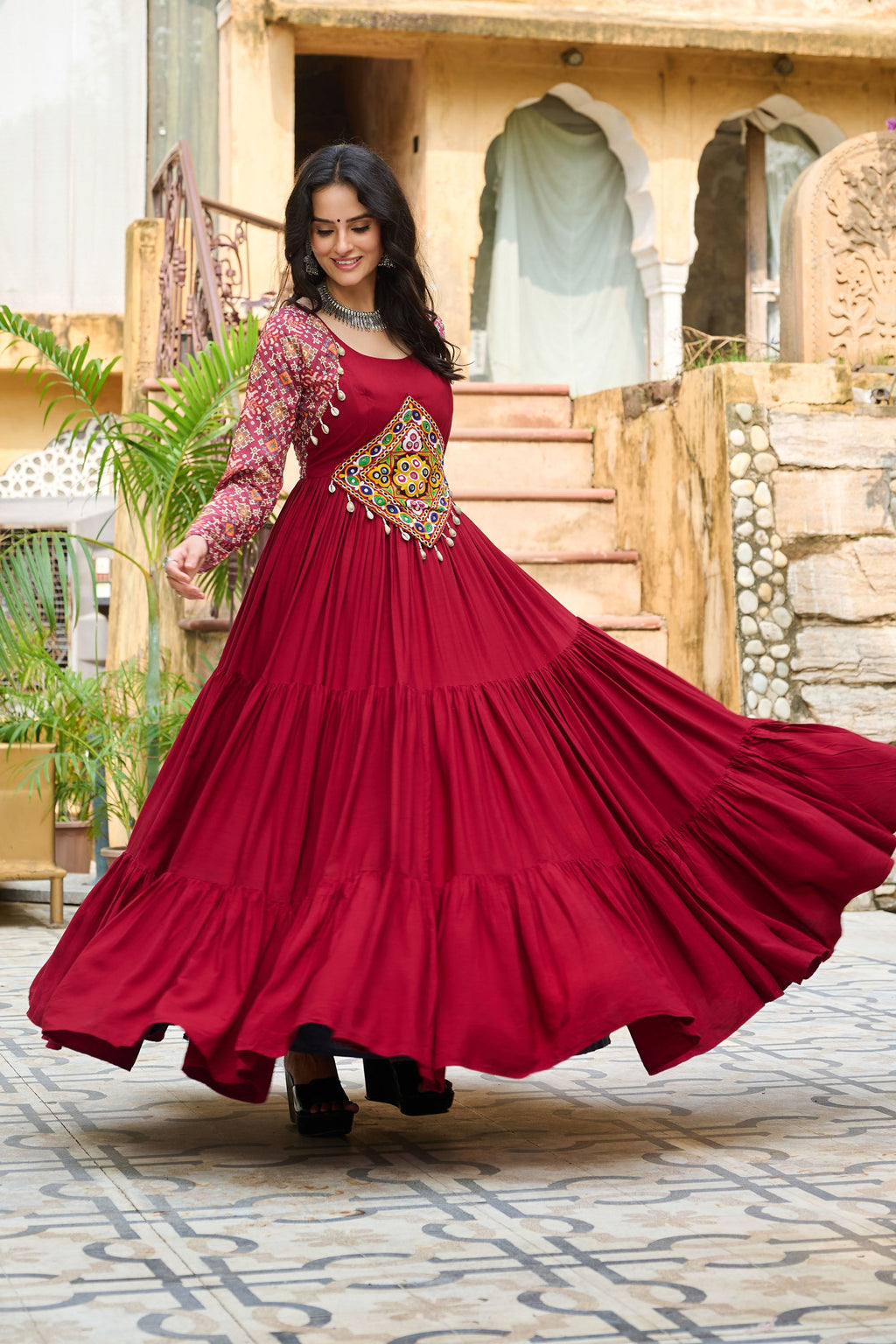 Lorenvalley Fashion Maroon Rayon Kutchi Gamthi Embroidered Work & Cotton Print Work Gown