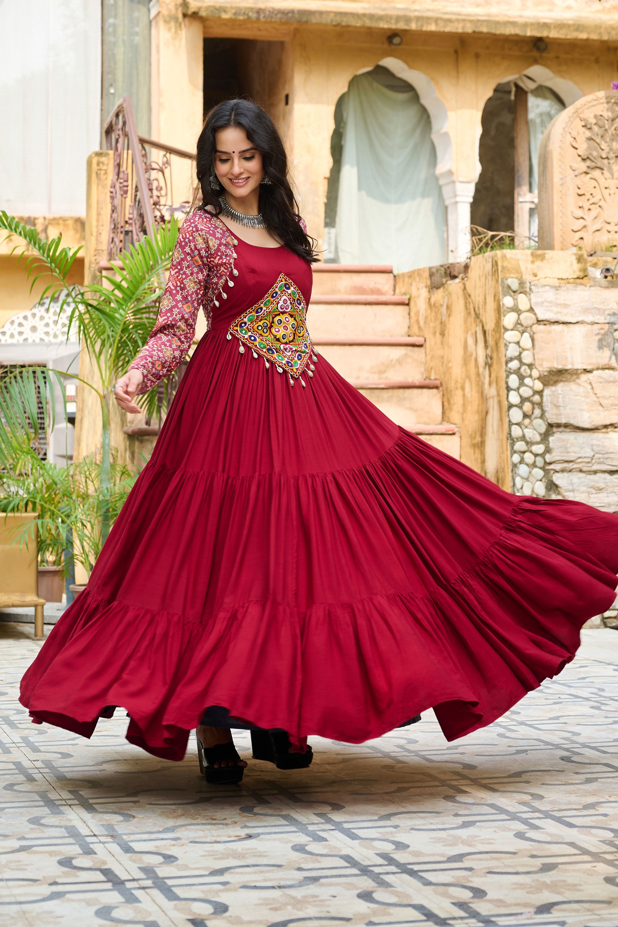 Lorenvalley Fashion Maroon Rayon Kutchi Gamthi Embroidered Work & Cotton Print Work Gown