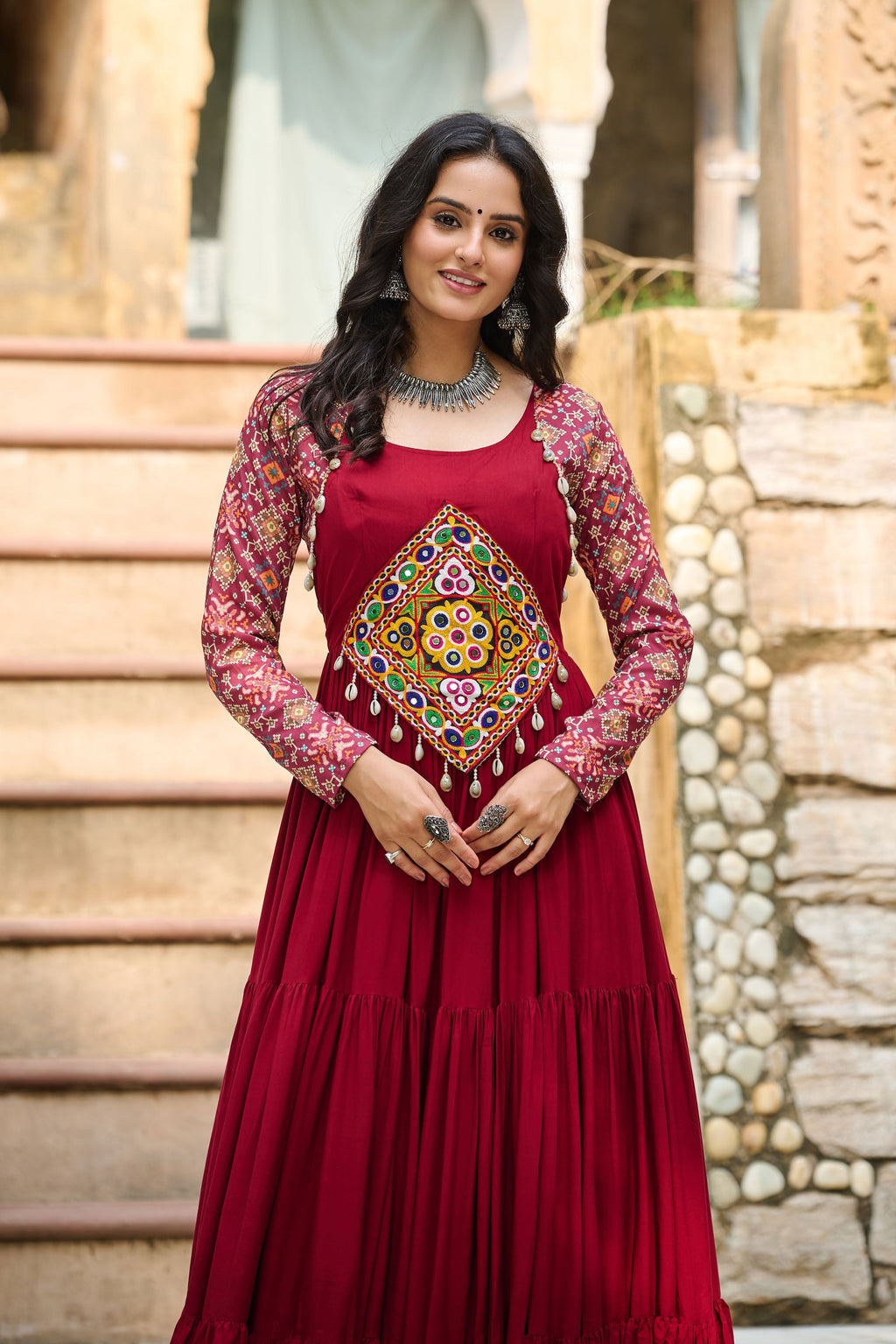 Lorenvalley Fashion Maroon Rayon Kutchi Gamthi Embroidered Work & Cotton Print Work Gown