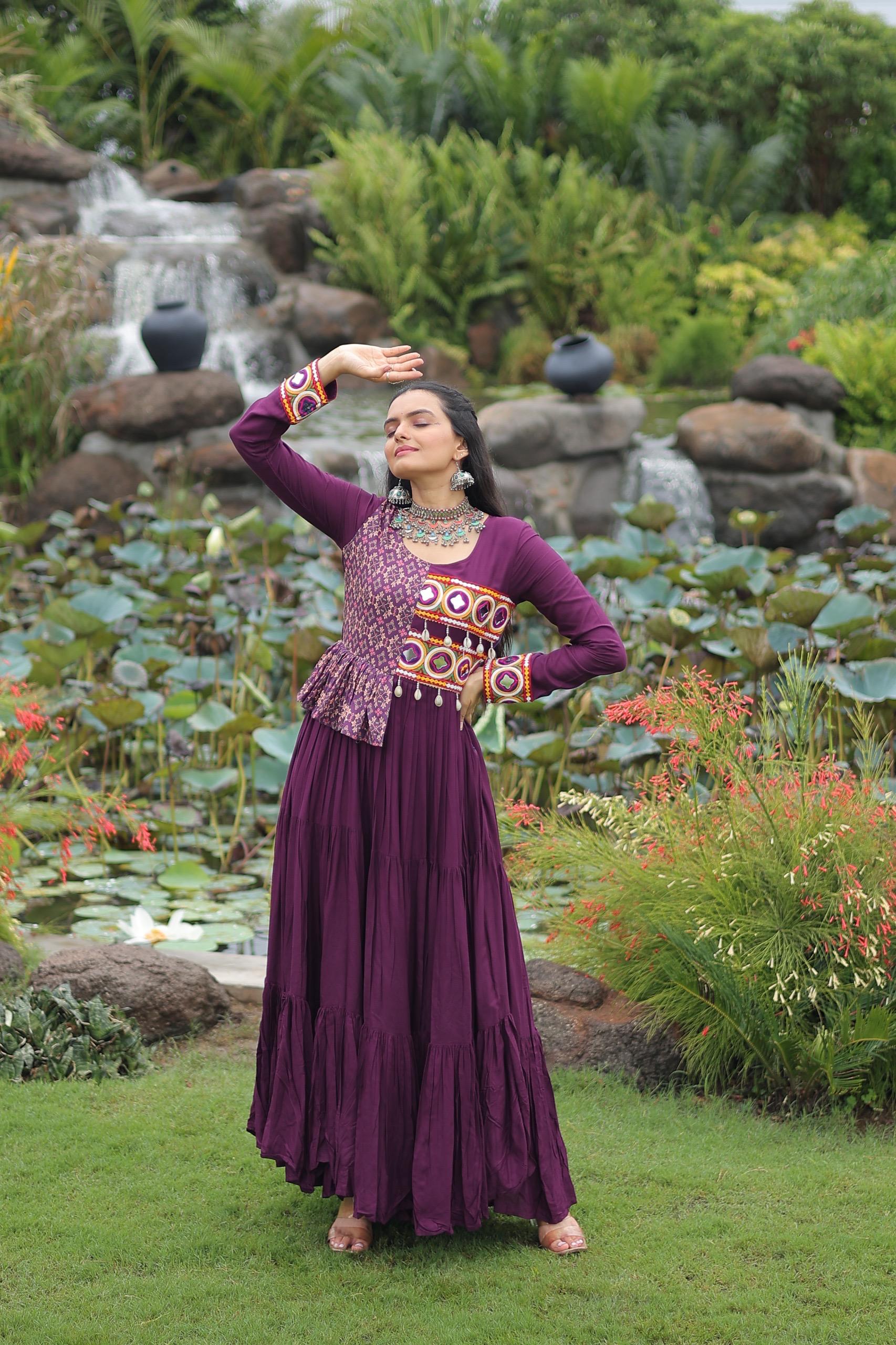 Prazu Fashion Wine Rayon With Kutchi Gamthi & Cotton Print Work Gown For Navratri
