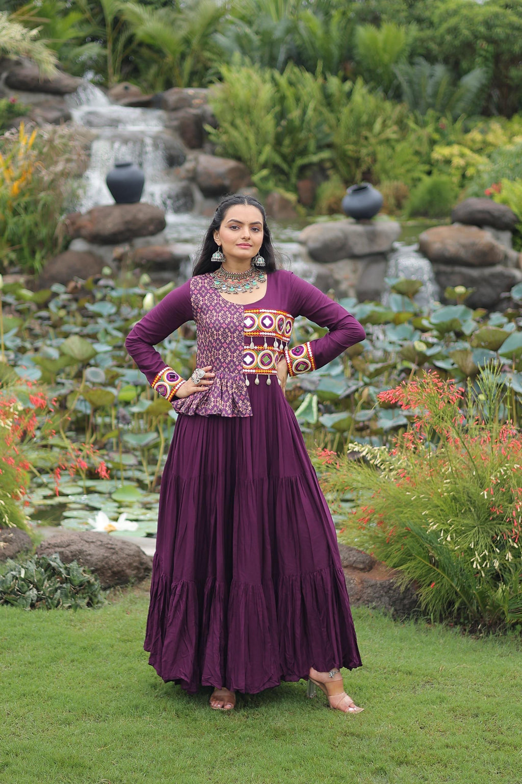 Prazu Fashion Wine Rayon With Kutchi Gamthi & Cotton Print Work Gown For Navratri