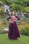 Prazu Fashion Wine Rayon With Kutchi Gamthi & Cotton Print Work Gown For Navratri
