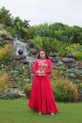 Lorenvalley Fashion Pink Rayon Kutchi Gamthi Embroidered Work & Cotton Print Work Gown