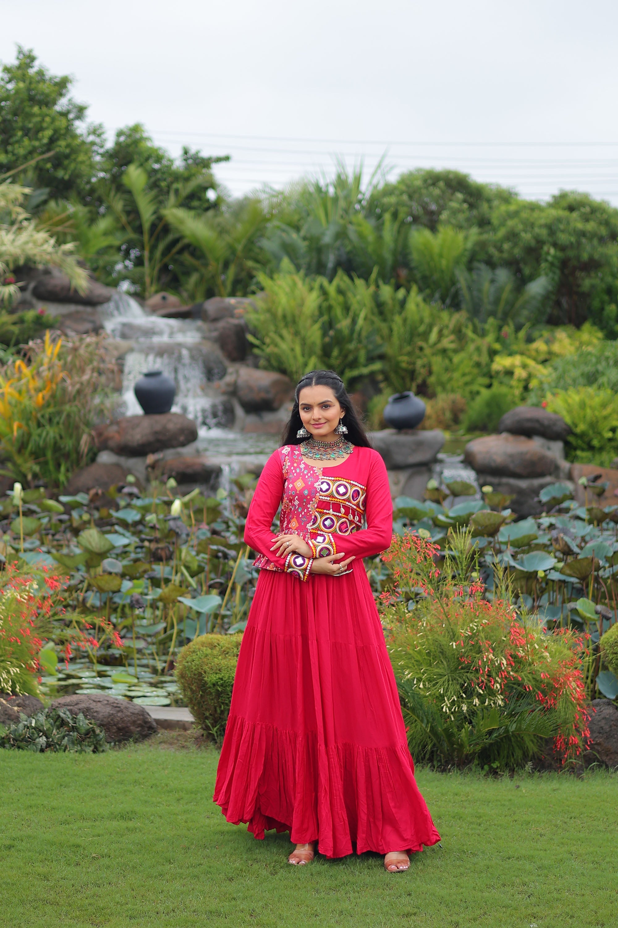 Lorenvalley Fashion Pink Rayon Kutchi Gamthi Embroidered Work & Cotton Print Work Gown