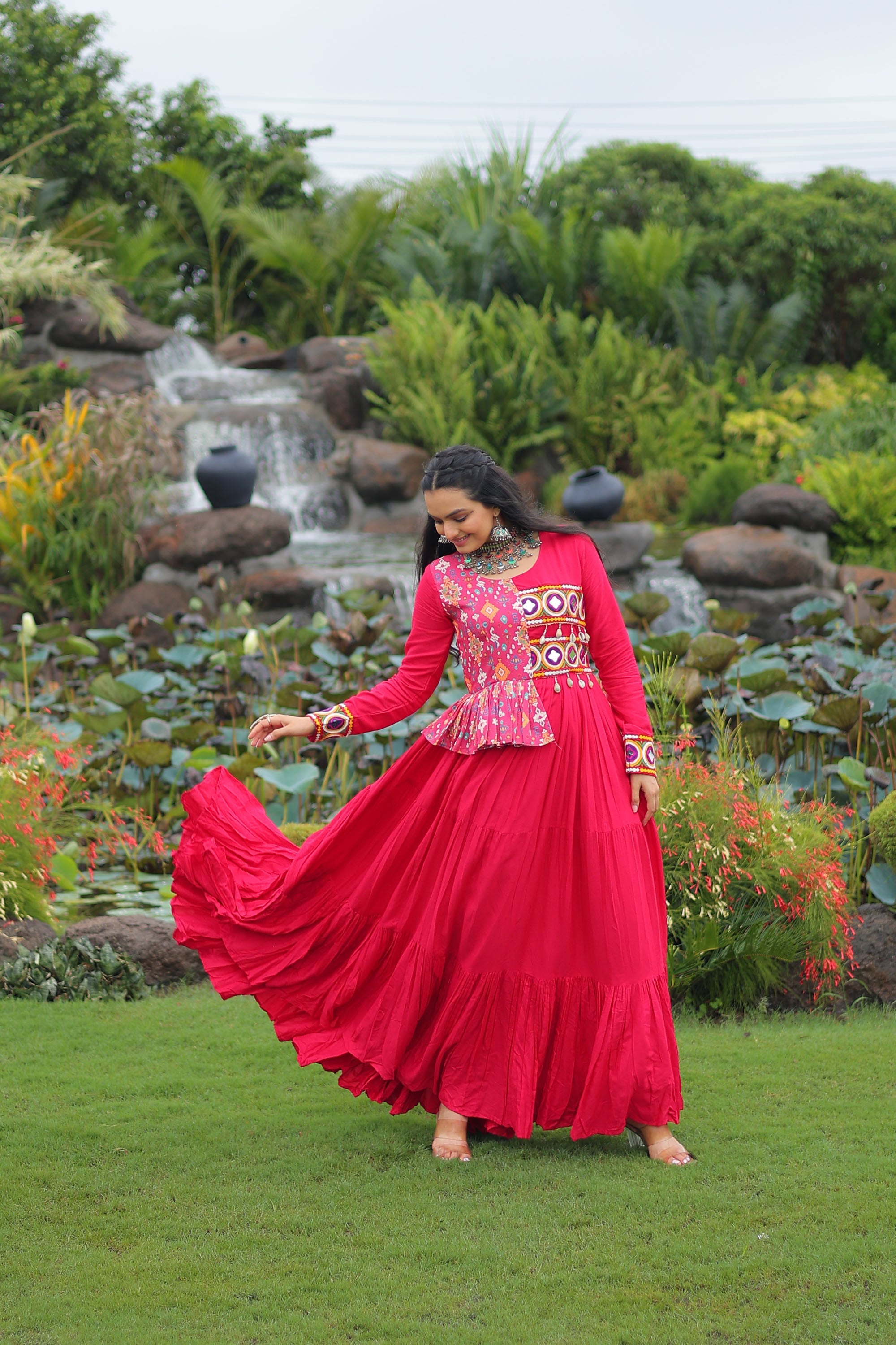 Lorenvalley Fashion Pink Rayon Kutchi Gamthi Embroidered Work & Cotton Print Work Gown