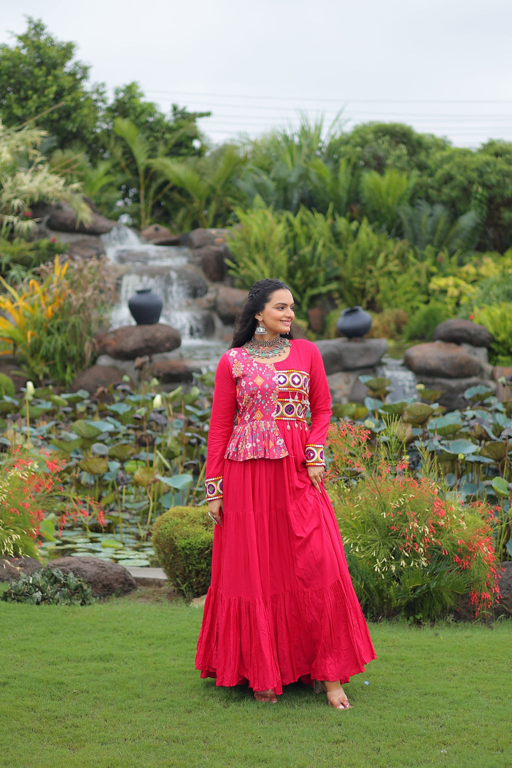 Lorenvalley Fashion Pink Rayon Kutchi Gamthi Embroidered Work & Cotton Print Work Gown