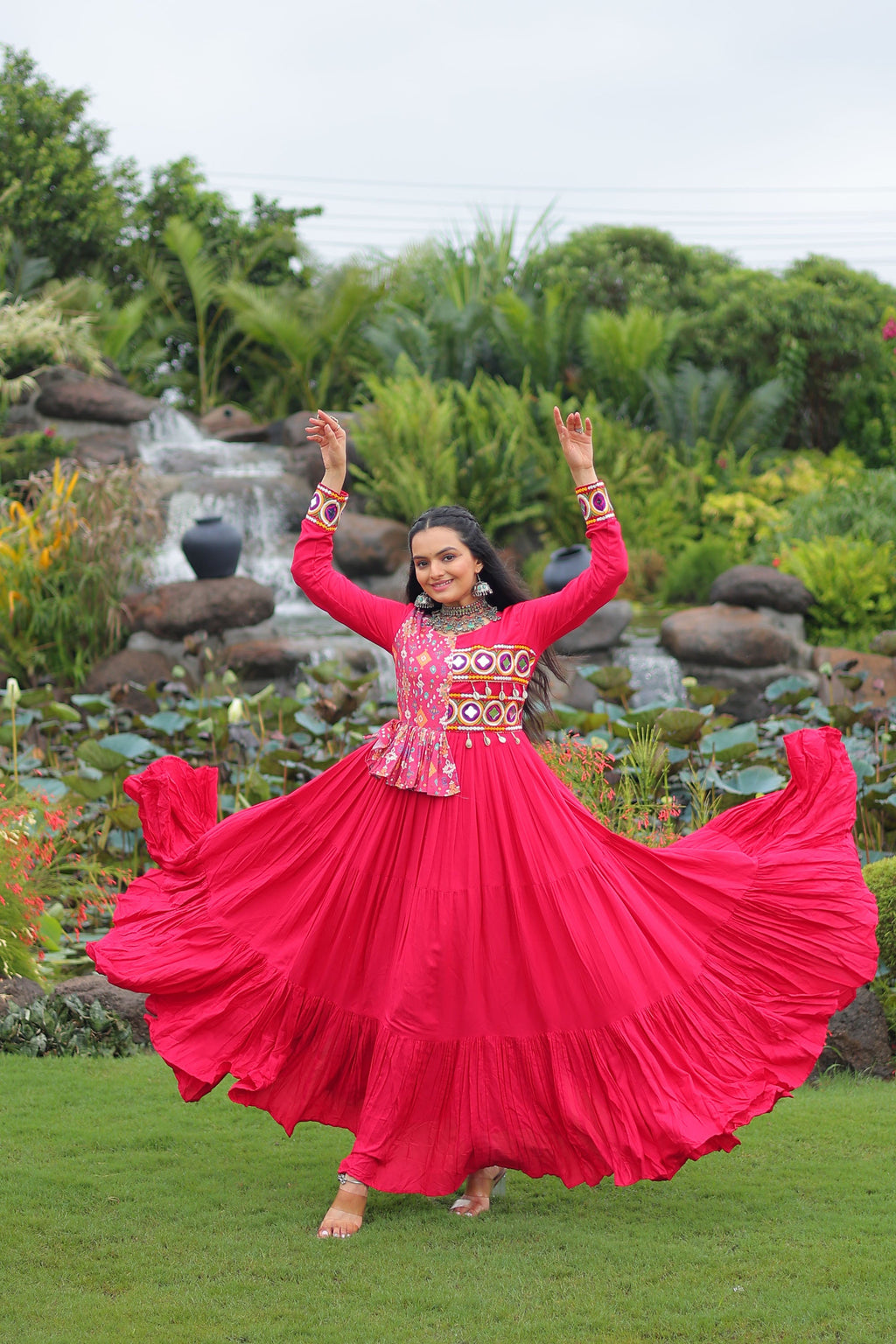 Lorenvalley Fashion Pink Rayon Kutchi Gamthi Embroidered Work & Cotton Print Work Gown